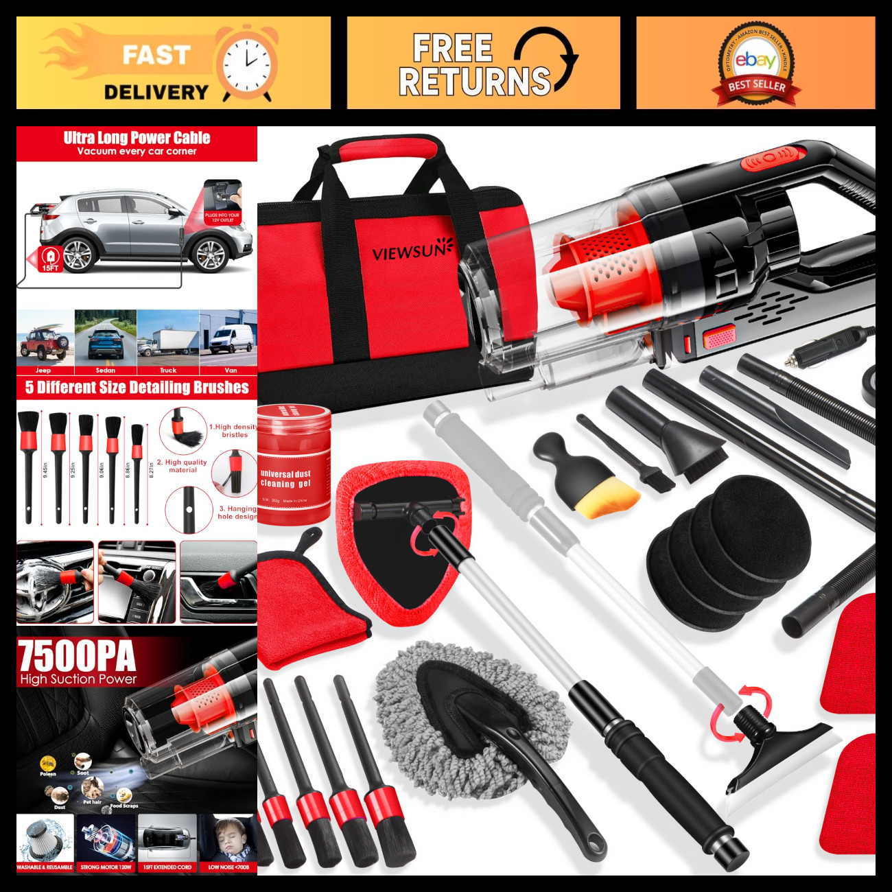 17PCS Car Cleaning Kit - High Power Vacuum, Detailing Brushes, Windshield Cleane