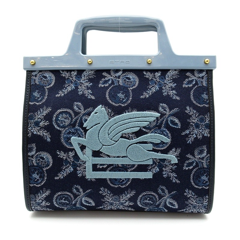 ETRO Love Trotter 2-Way Handbag 1P023 Canvas/Leather/Plastic Handbag Navy USED