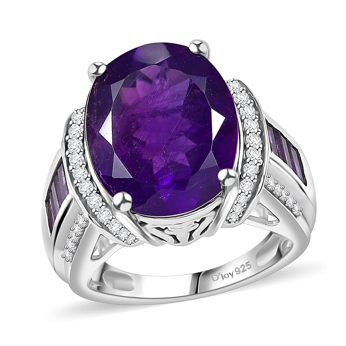 STUNNING 10.00ctw African Amethyst & Zircon Ring Rhodium Plated Size 6