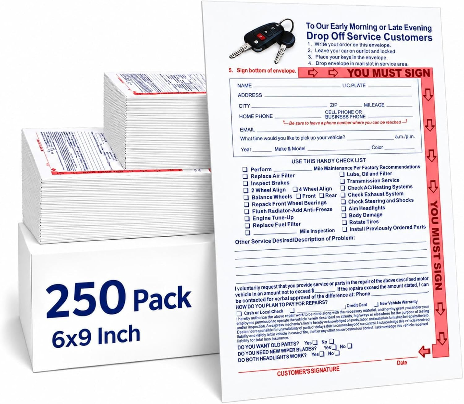 250 Pcs Key Drop Envelopes Night Auto Shop Repair Service Drop