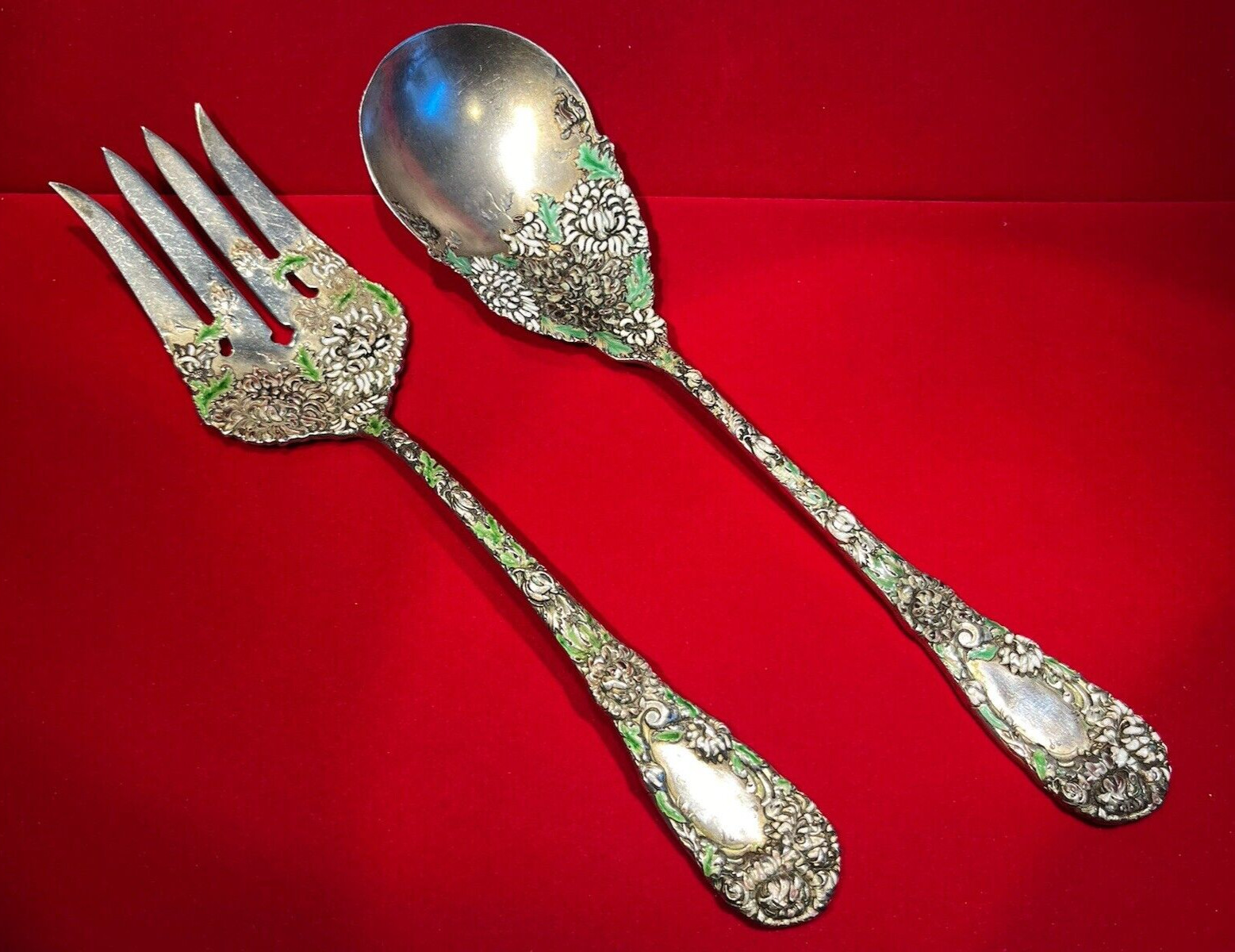 Antique C. 1900 Durgin American Sterling Enamel Chrysanthemum Serving Pieces
