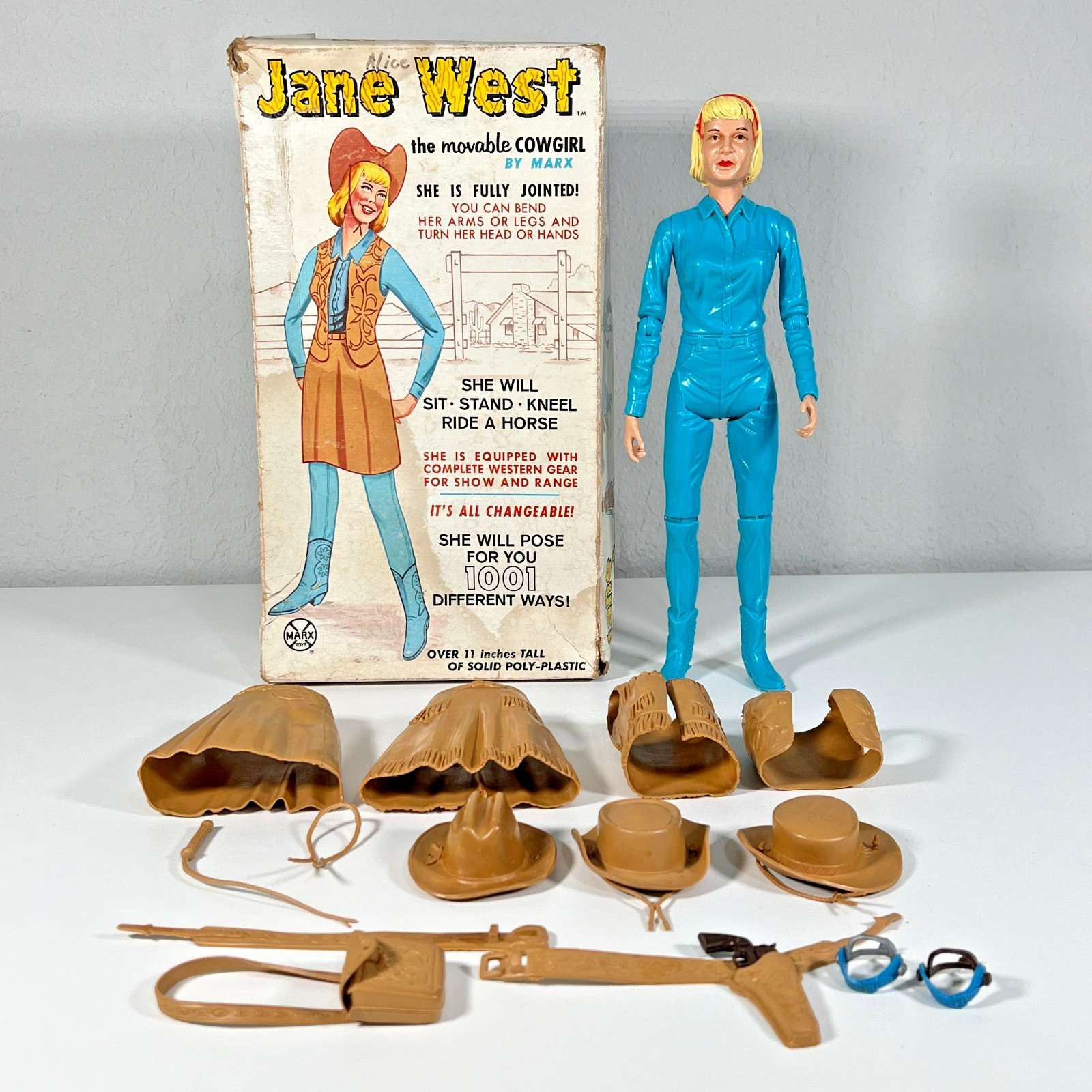 Vintage 1960s Marx Jane West Movable Cowgirl Original Box Accessories 2067 Wear Vintage 1960s Marx Jane West Movable Cowgirl Original Box Accessories 2067 Wear