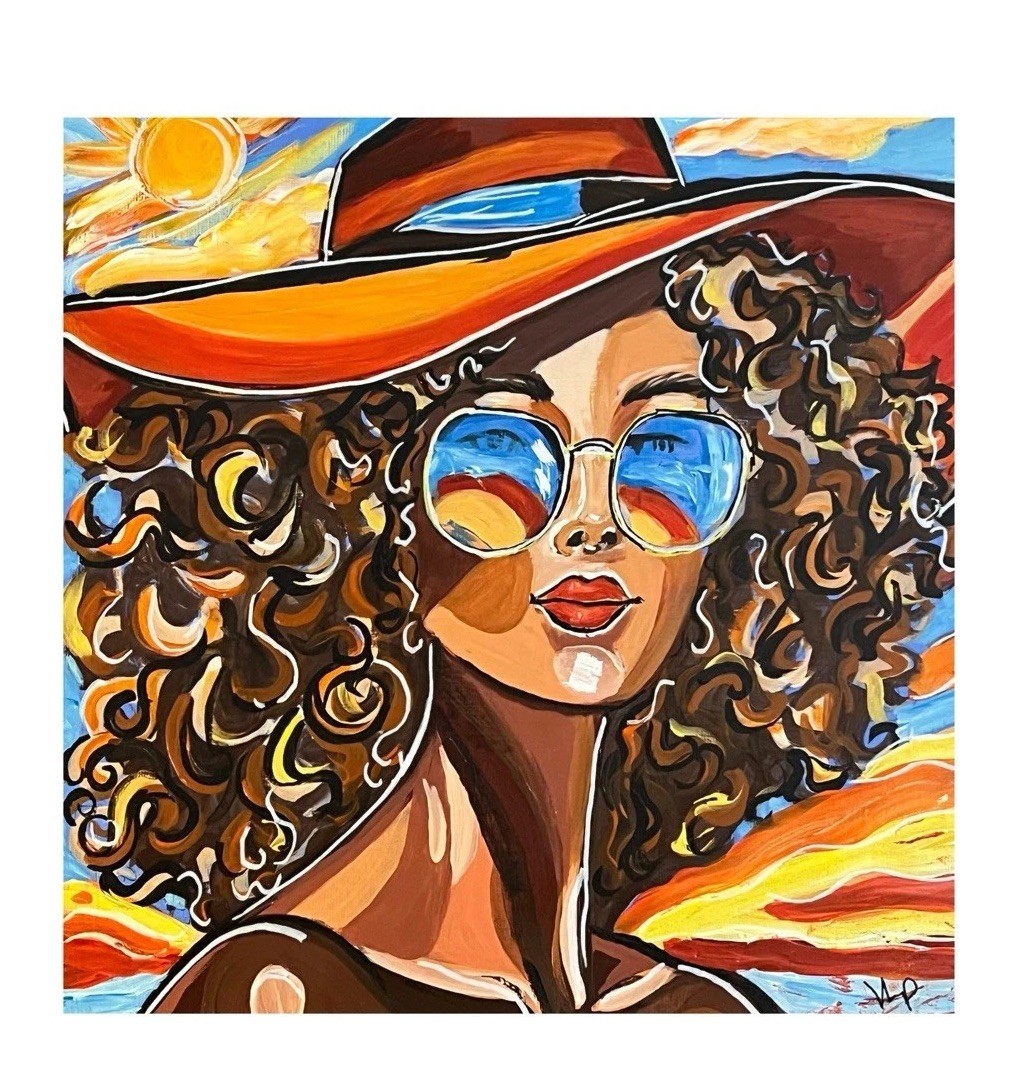 Sunny Day Woman Sunglasses Big Hat Curly Hair VLP Original Acrylic 12x12” Canvas