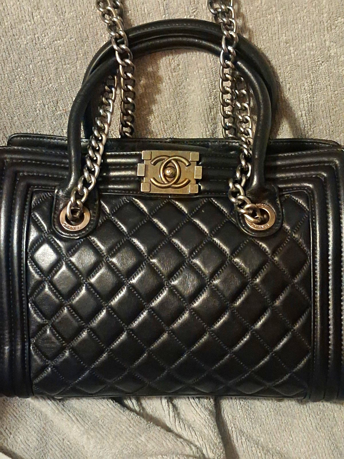 CHANEL Boy Black Quilted Tote Turn Lock Silver Chain Double Handles Lined CHANEL Boy Black Quilted Tote Turn Lock Silver Chain Double Handles Lined