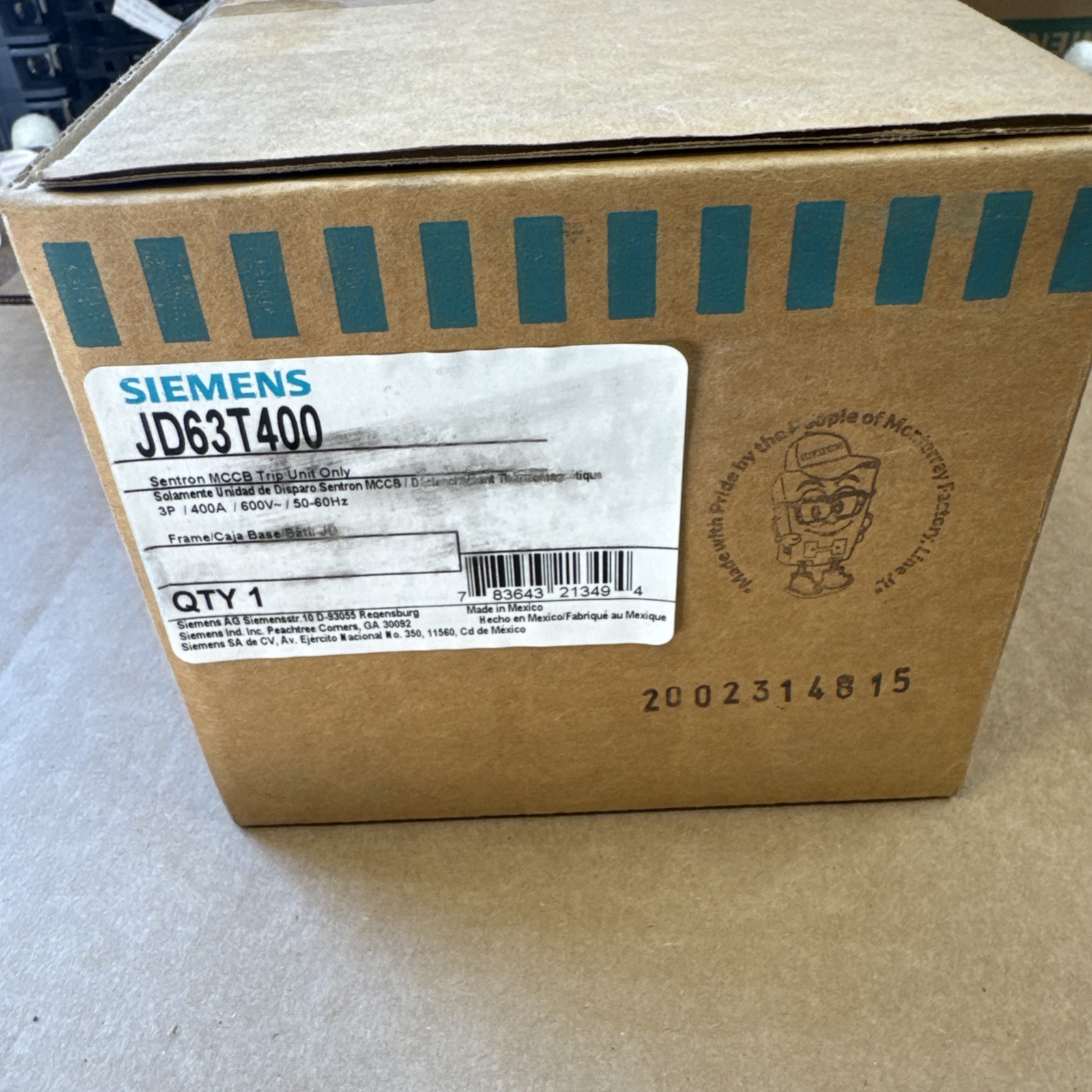JD63T400 Siemens Trip Unit 400A 600V 3P New in box