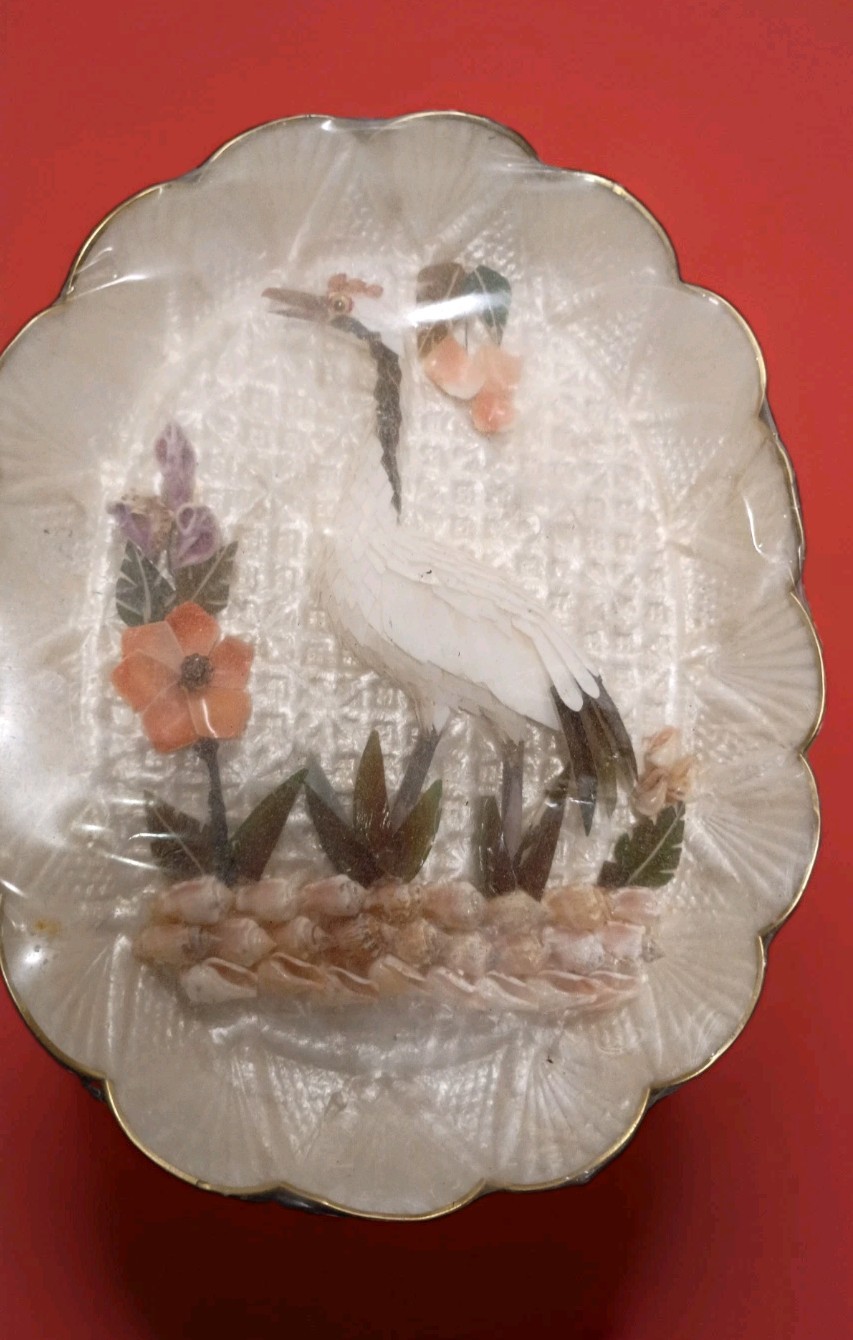 NOS Vintage Capiz Shell Wall Plaque Crane Bird Art Sealed n Original Plastic 70s