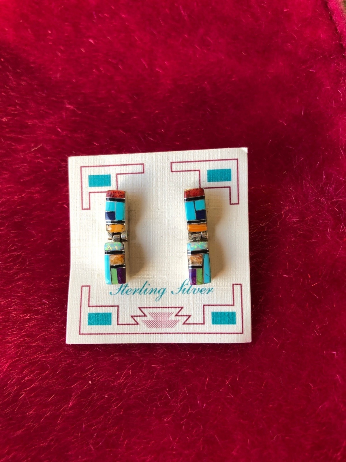 Navajo Sterling Silver Multi Stone Inlay Drop Stud Earrings Southwestern Jewelry