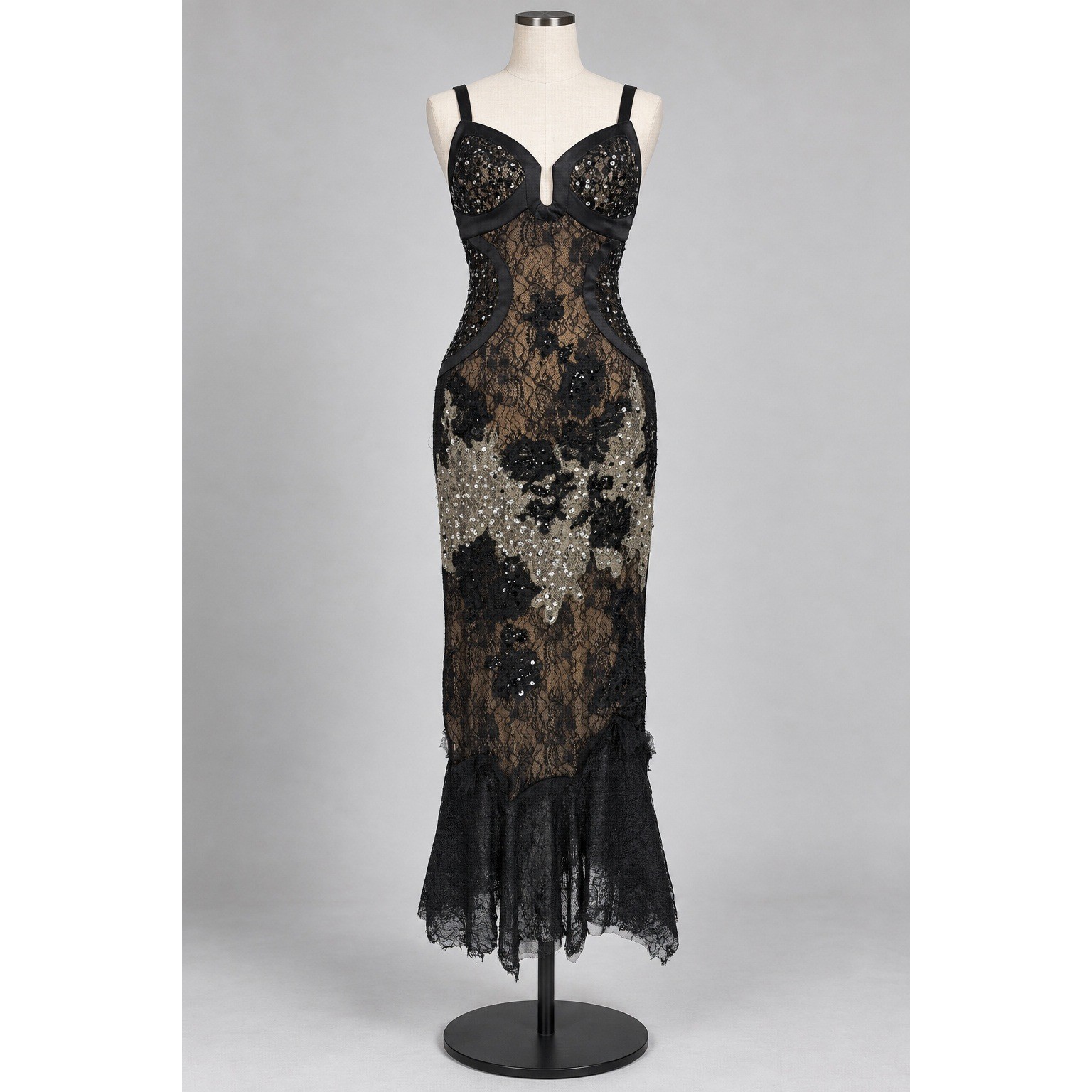 Archival Rare Y2K Mandalay Black Lace Sequin Gown Women 4 Mermaid Glamour Fairy