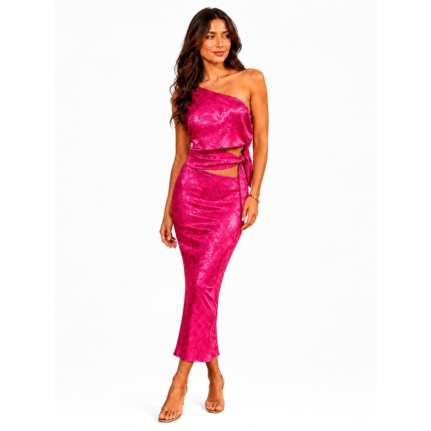 WAYF Pink One Shoulder Cutout Satin Jacquard Maxi Dress NWT Size L