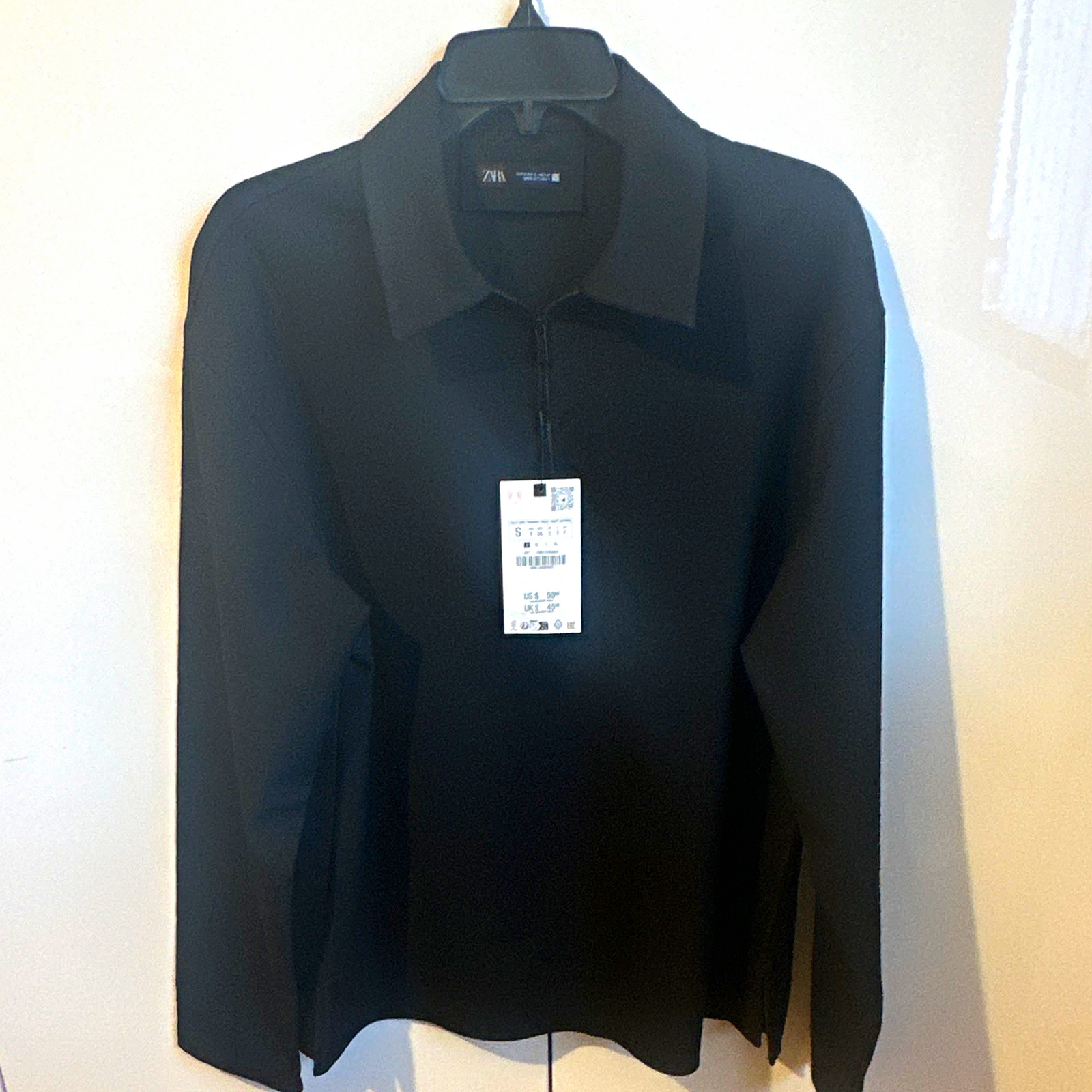 ZARA Men\'s Black Slim Fit 1/4 Zip Collared Long Sleeve Polo Shirt S ZARA Men\'s Black Slim Fit 1/4 Zip Collared Long Sleeve Polo Shirt S