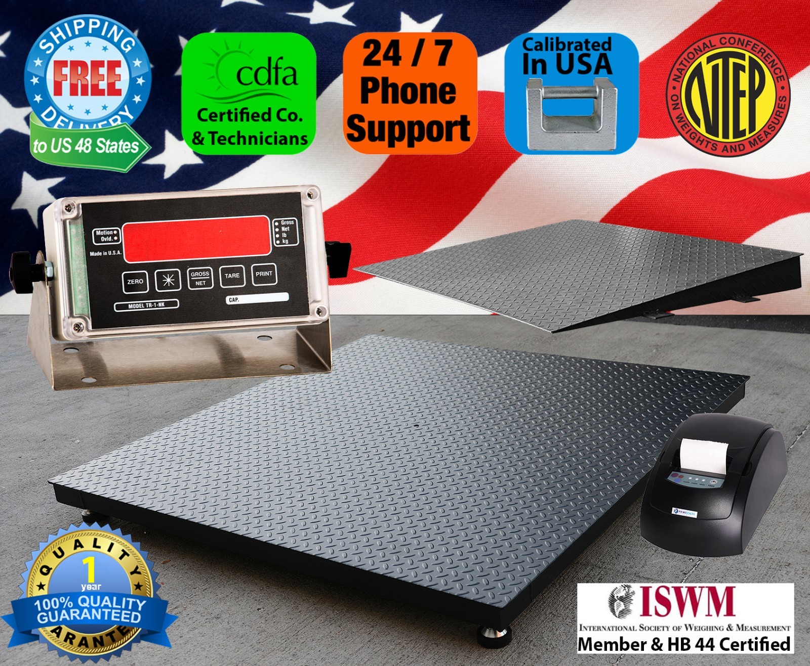 NTEP 4'x4' Floor Scale 2500 lb Legal for Trade Pallet Scale with Printer & ramp