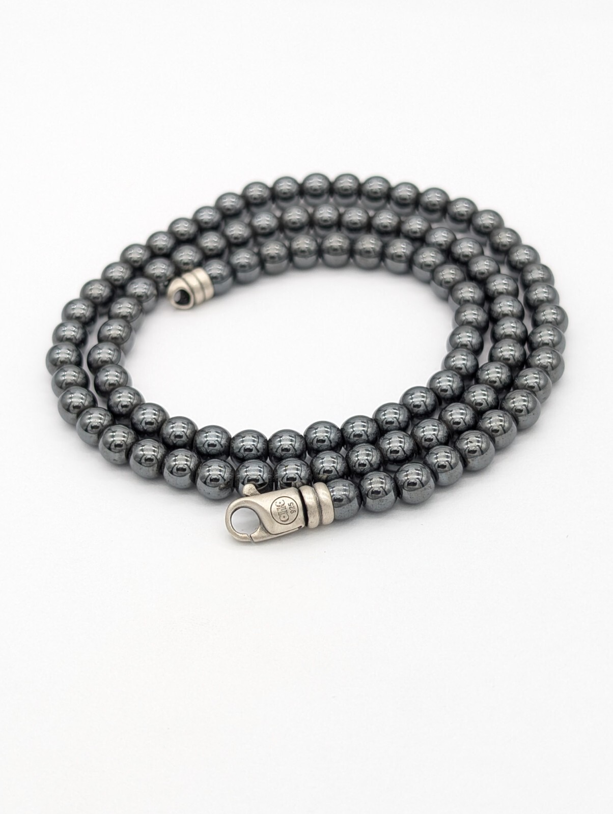 Men’s Hematite Bead Necklace Sterling Silver Handmade Grounding Jewelry