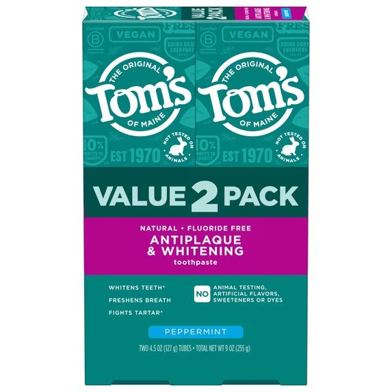 Tom’s of Maine Antiplaque and Whitening Fluoride Free Toothpaste,2 Pack