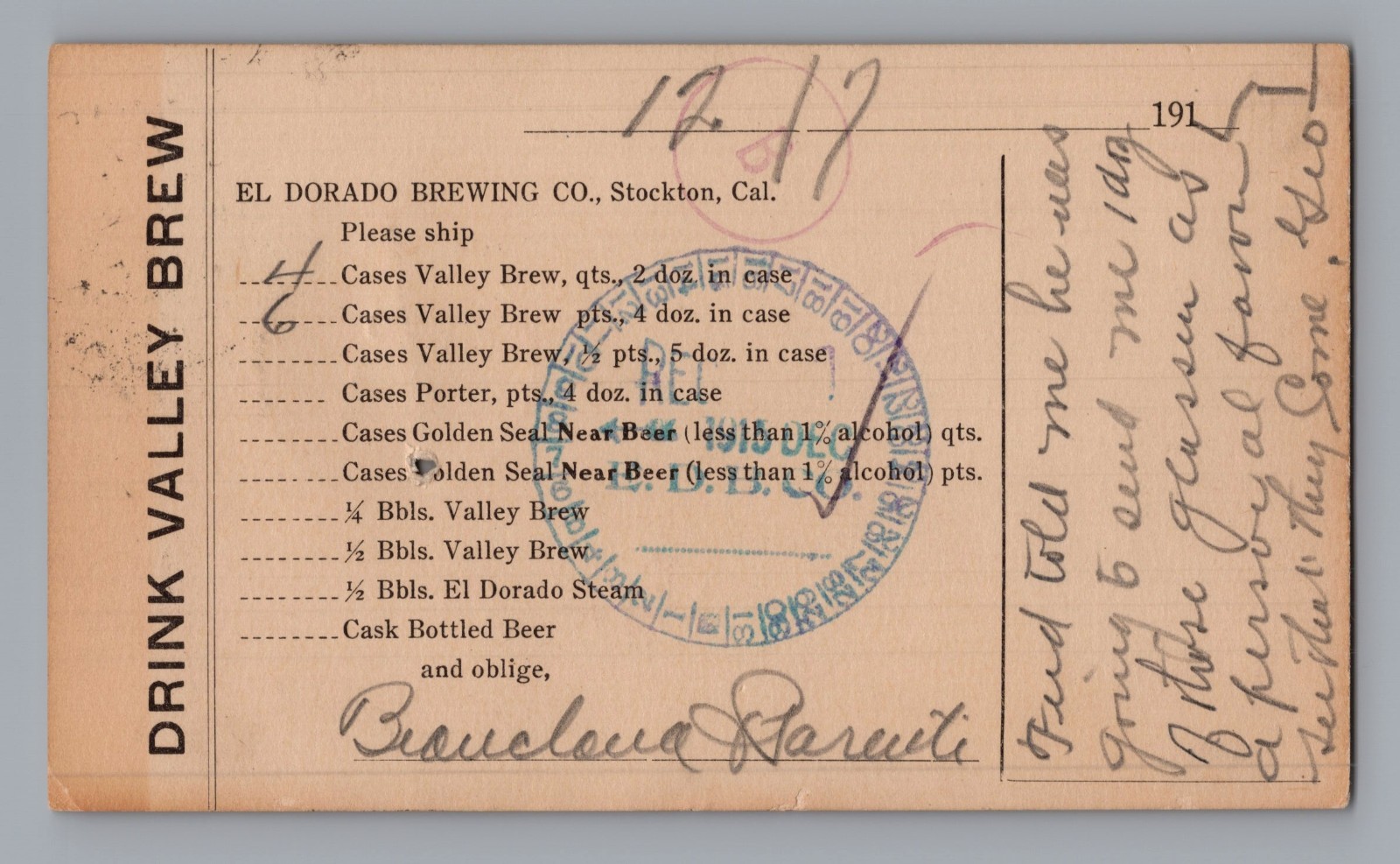 1915 El Dorado Brewing Co Mailing Postcard Order Form, Stockton, CA 1915 El Dorado Brewing Co Mailing Postcard Order Form, Stockton, CA
