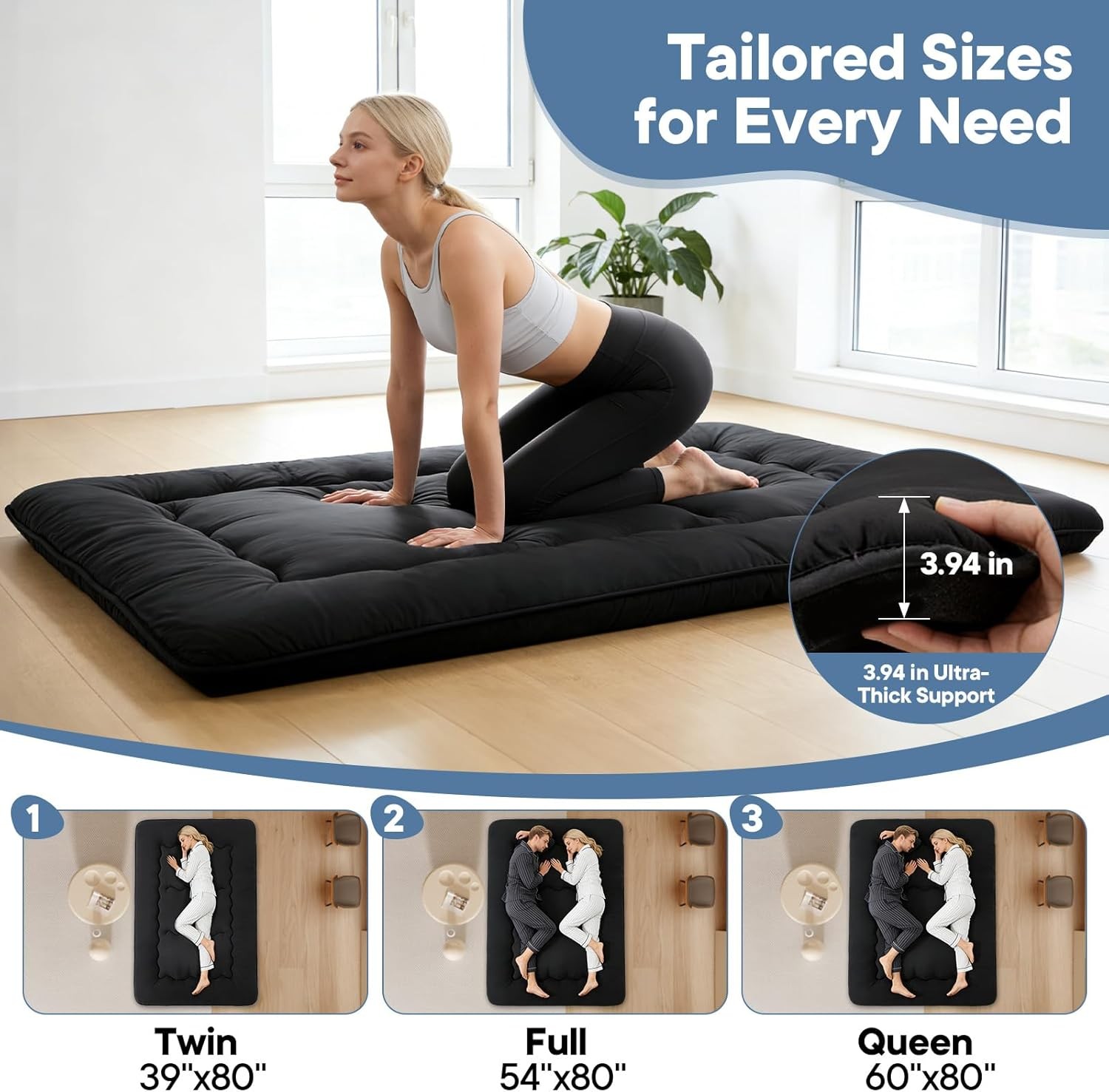 4-Inch Floor Mattress,Japanese Tatami Futon Mattress w/Removable Cover,Roll Up 4-Inch Floor Mattress,Japanese Tatami Futon Mattress w/Removable Cover,Roll Up