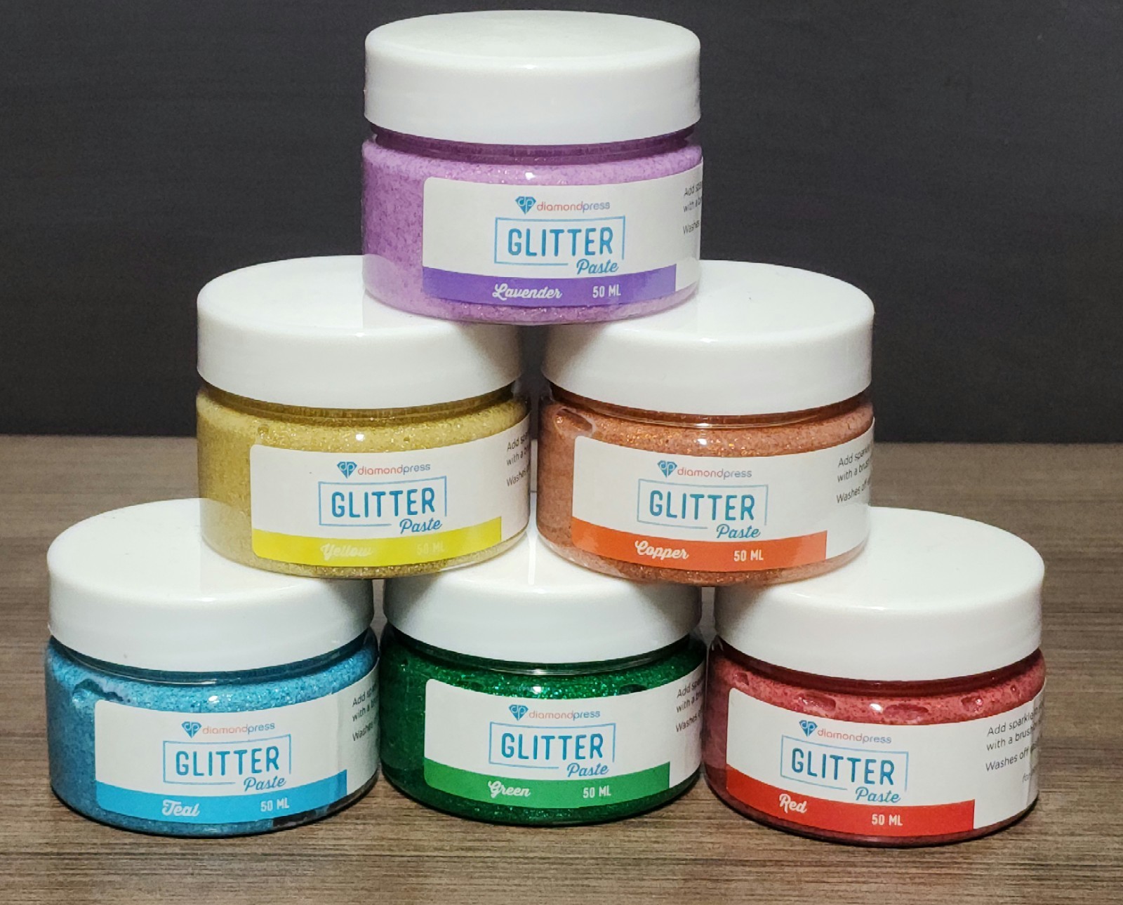 Diamond Press 6 Pack Glitter Paste, Warm Colors, Lavender, Copper, Yellow, Red,