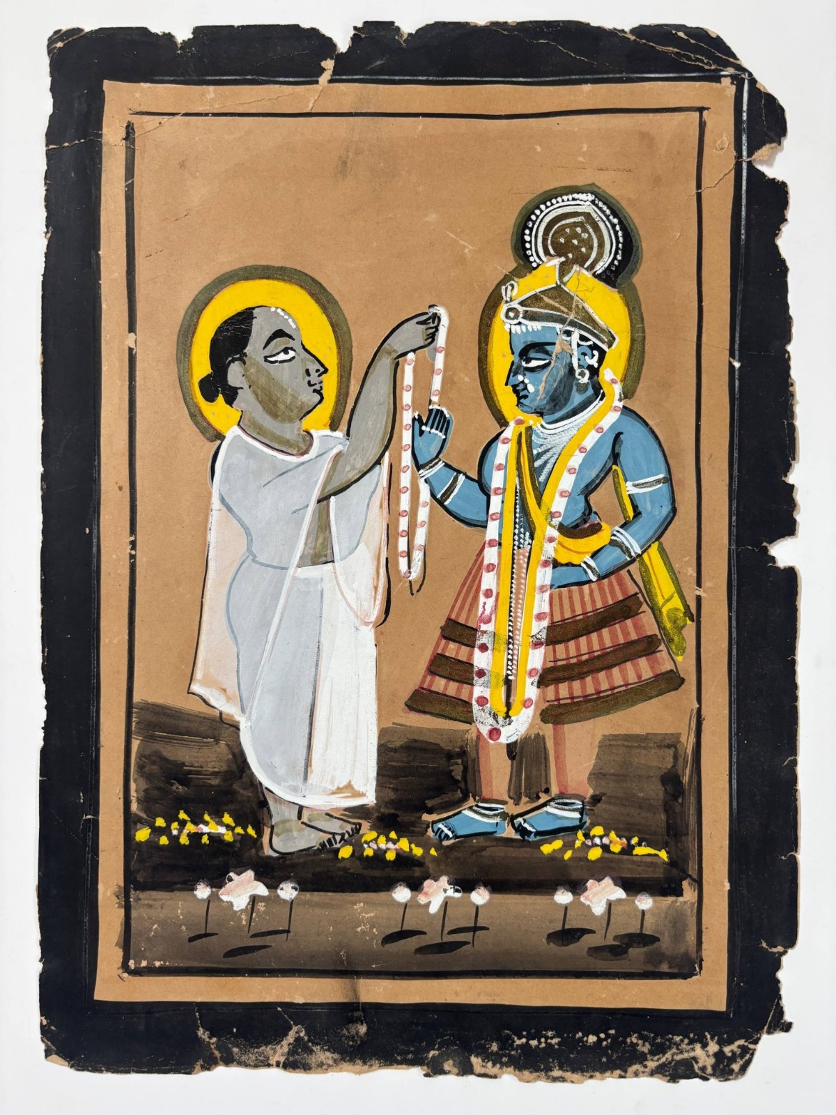 Vintage Indian Folk Painting Krishna & Devotee Hindu Religious Art on Paper