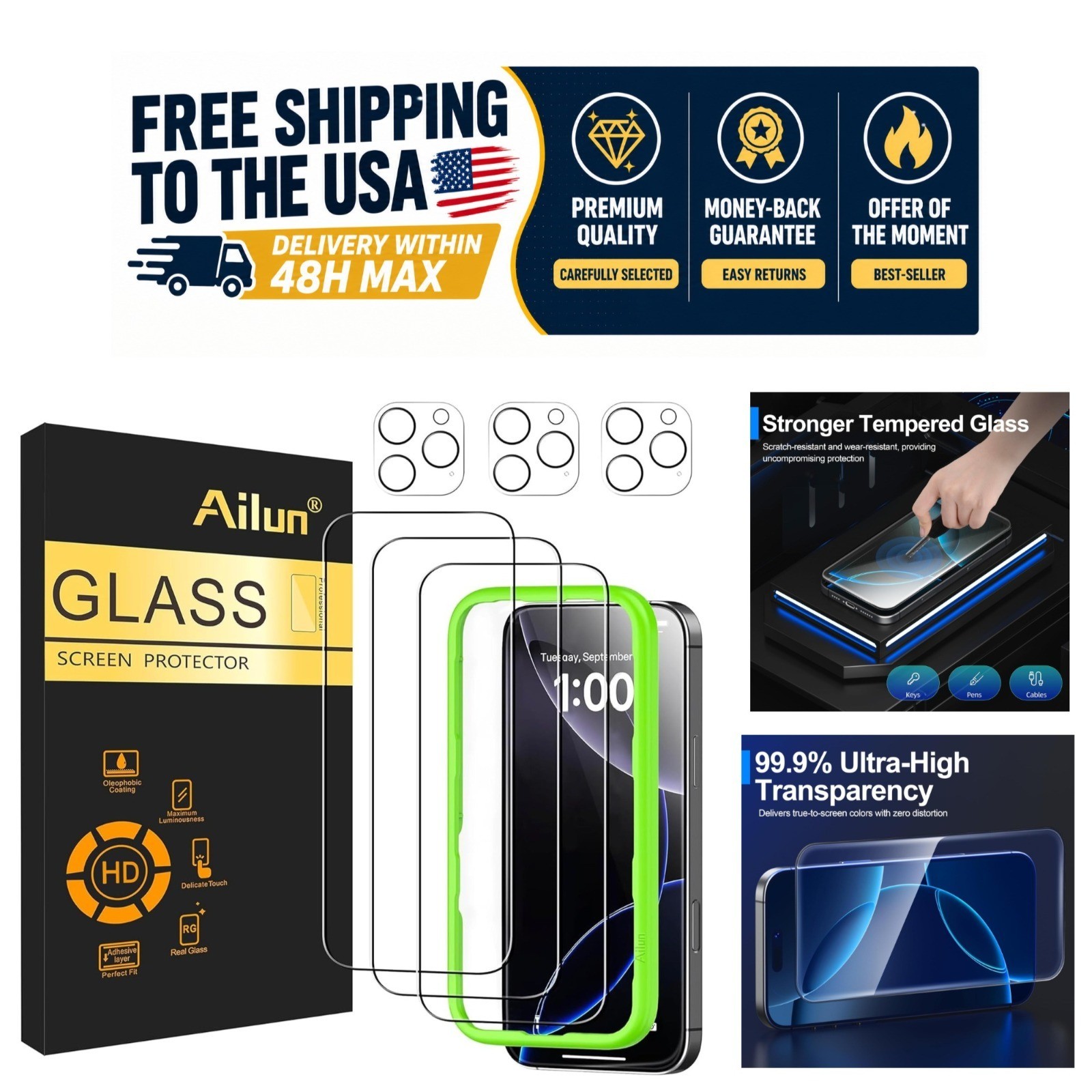 Ailun Screen Protector for iPhone 16 Pro 6.3in 3+3 Pack Tempered Glass Camera