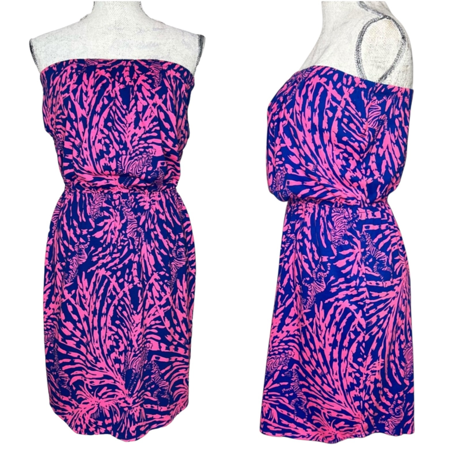 Lilly Pulitzer Windsor Dress Strapless Rollin In The Grass Zebra Pink Blue Small
