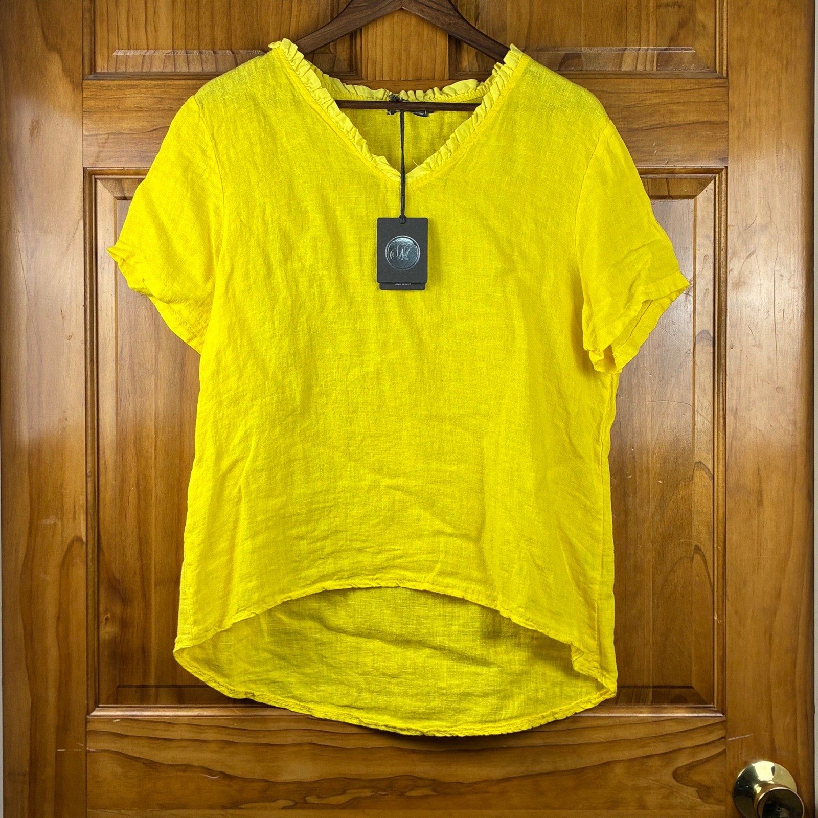 NWT Made in Italy Yellow 100% Linen Ruffle Neck High-Low Blouse Sz M Lagenlook