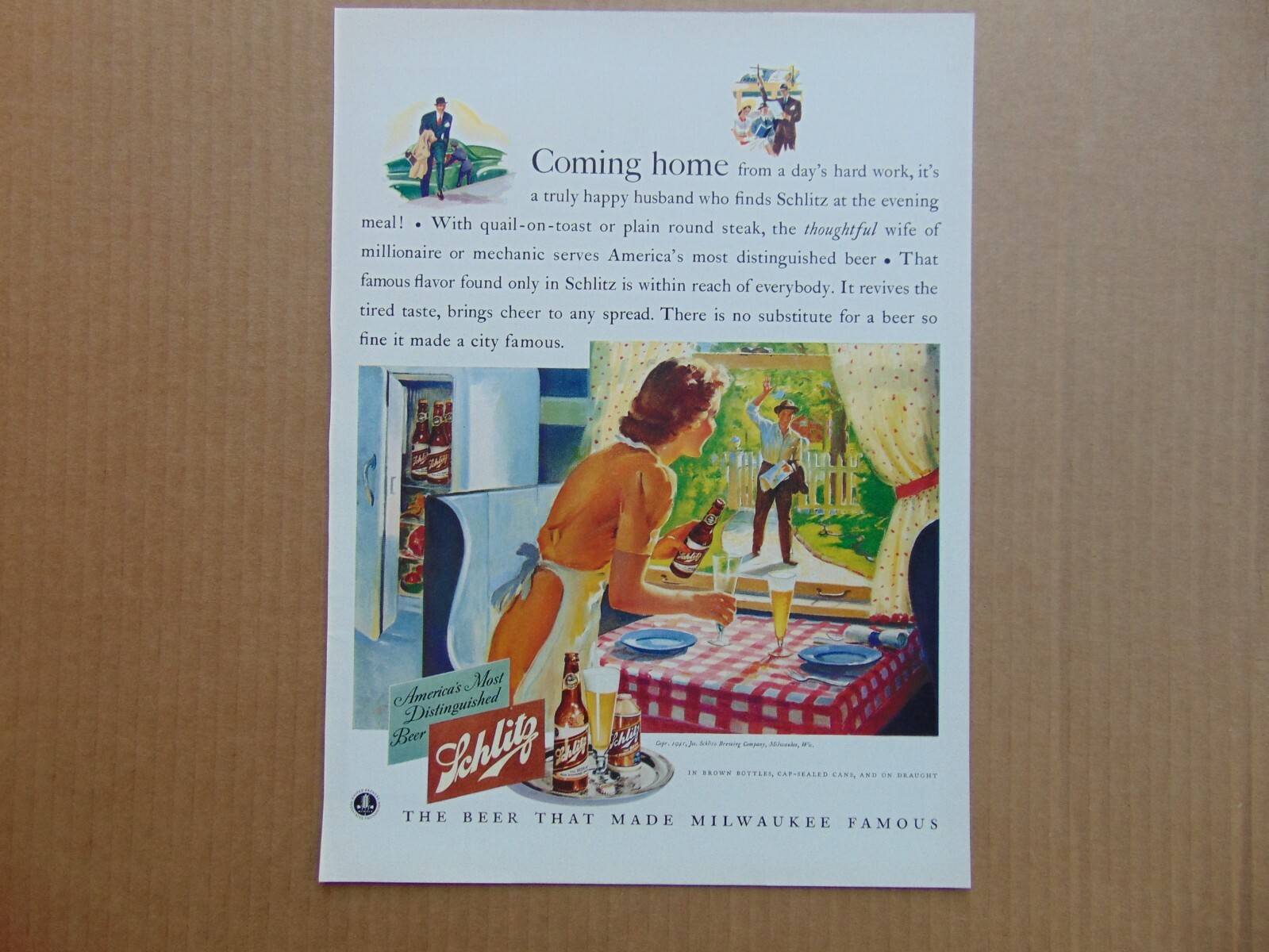 1941 SCHLITZ BEER Wife Pours As Hubby Arrives From A Hard Day\'s Work print ad 1941 SCHLITZ BEER Wife Pours As Hubby Arrives From A Hard Day\'s Work print ad