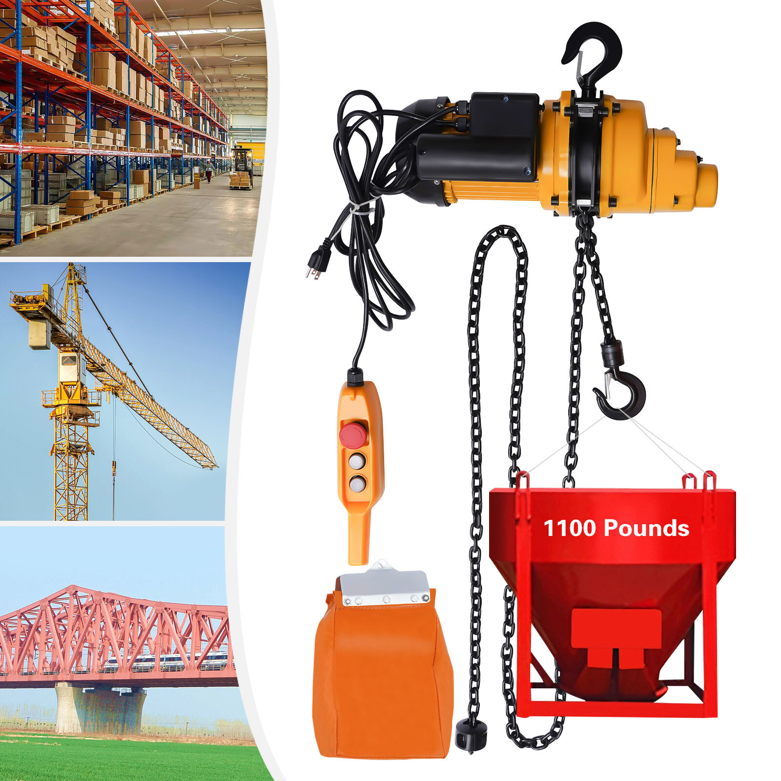 1300W Electric Chain Hoist 110V Orange Chain Hoist Kit 1100lb Single Chain Hoist