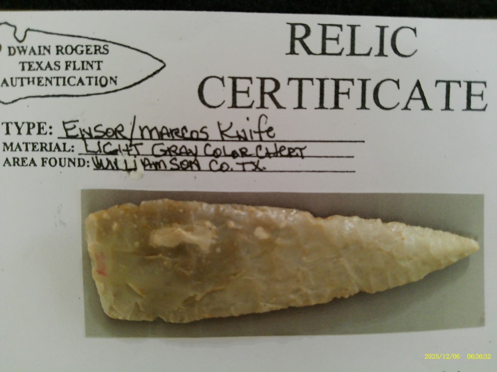 Papered Cen Texas Ensor Knife Arrowhead Prehistoric Artifact  P14