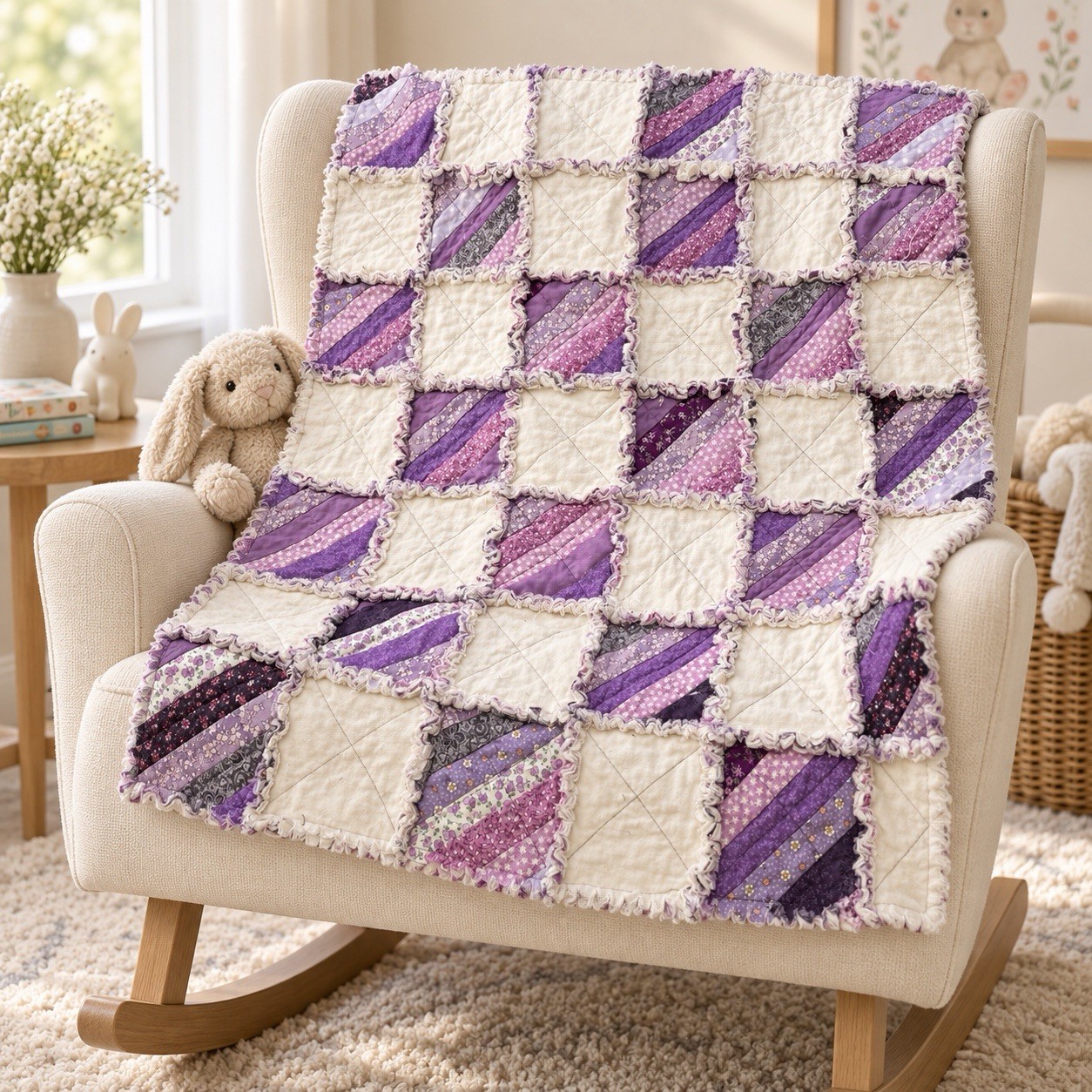 Handmade Rag Quilt 30x33 Purple Floral Patchwork  Blanket