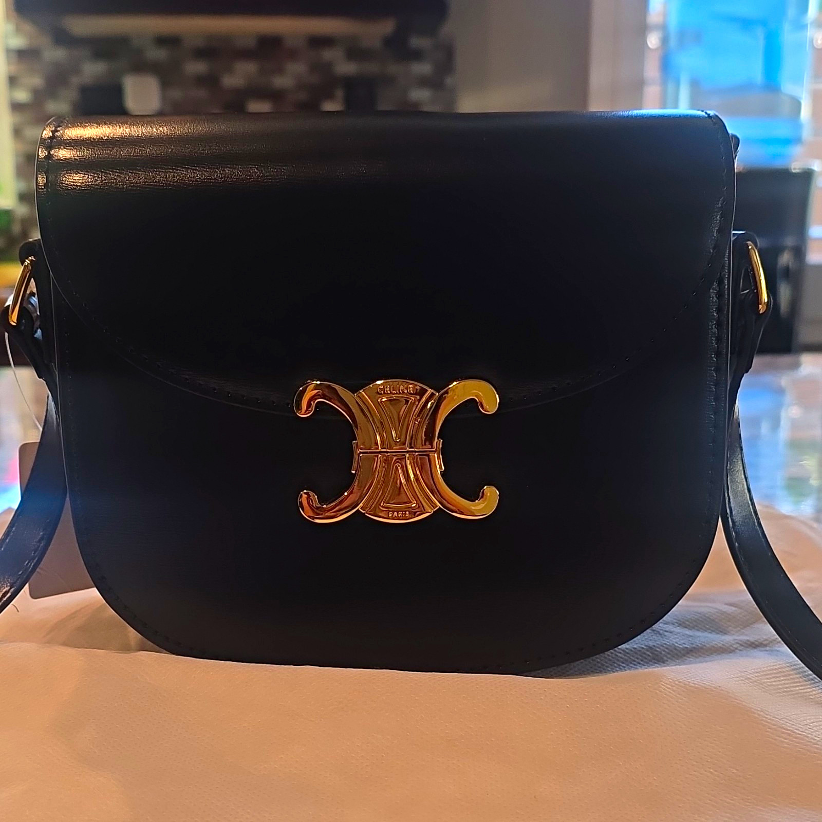 CELINE Triomphe Black Small Shoulder/Crossbody Bag Gold Hardware Clasp Logo CELINE Triomphe Black Small Shoulder/Crossbody Bag Gold Hardware Clasp Logo