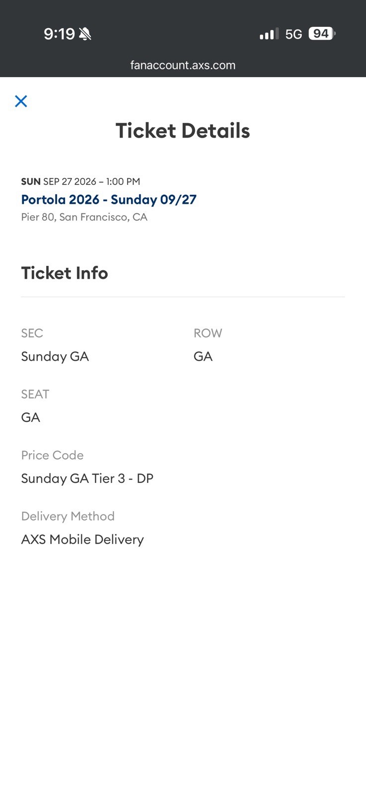 Portola ticket 2026 Sunday 09/27 GA