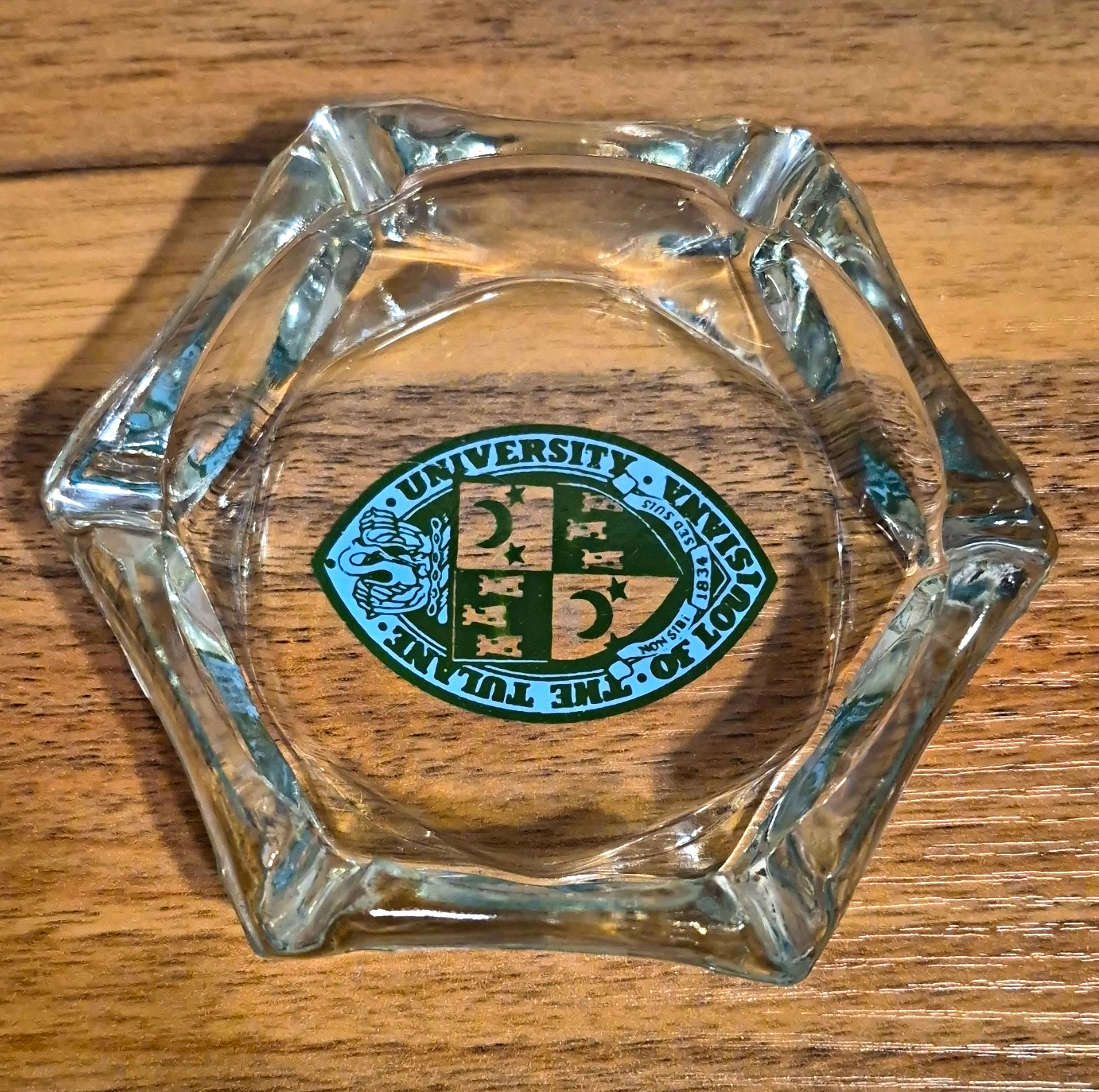Vintage Tulane University of Louisiana Glass Ashtray Hexagonal Seal 