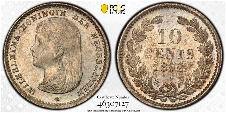 1892 Netherlands 10 Cents PCGS MS64 Lot#G1975 Silver Choice UNC 1892 Netherlands 10 Cents PCGS MS64 Lot#G1975 Silver Choice UNC