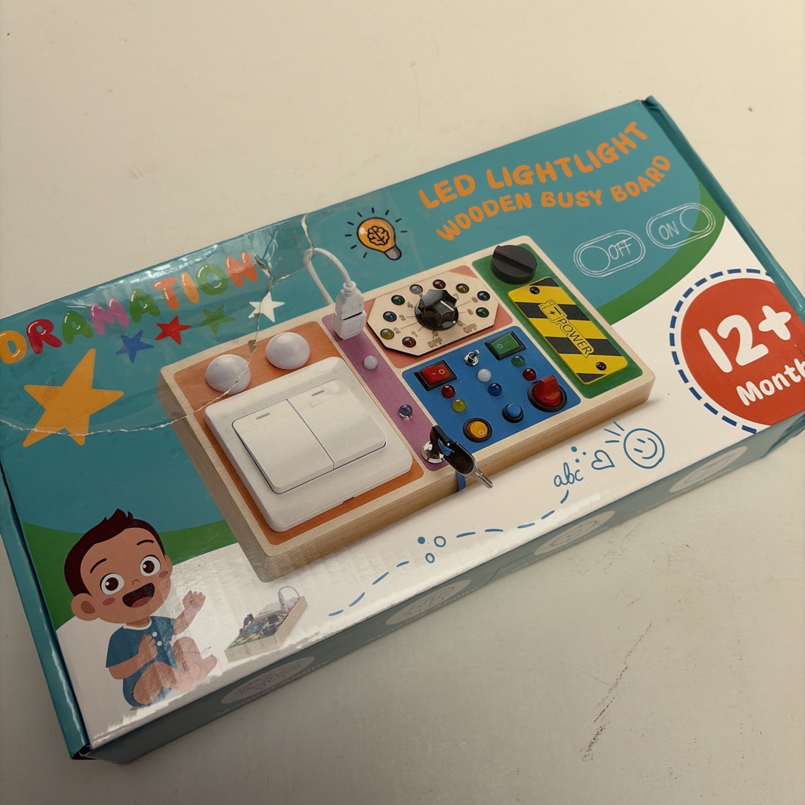 DRAMATION Busy Board with LED Light, Wooden Switches Board Sensory Toys for T...