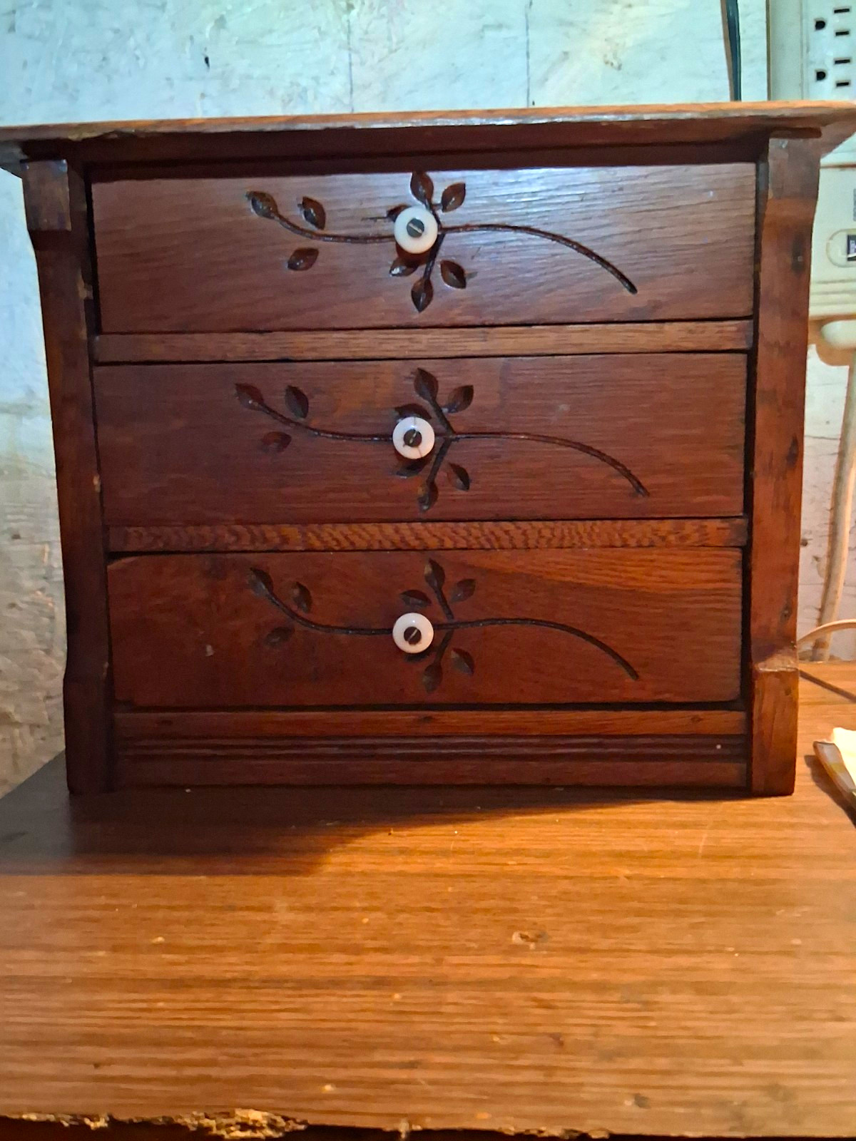 Antique Handmade Mini Chest 3-Drawer Brown Wood Floral Carved Knob Handles