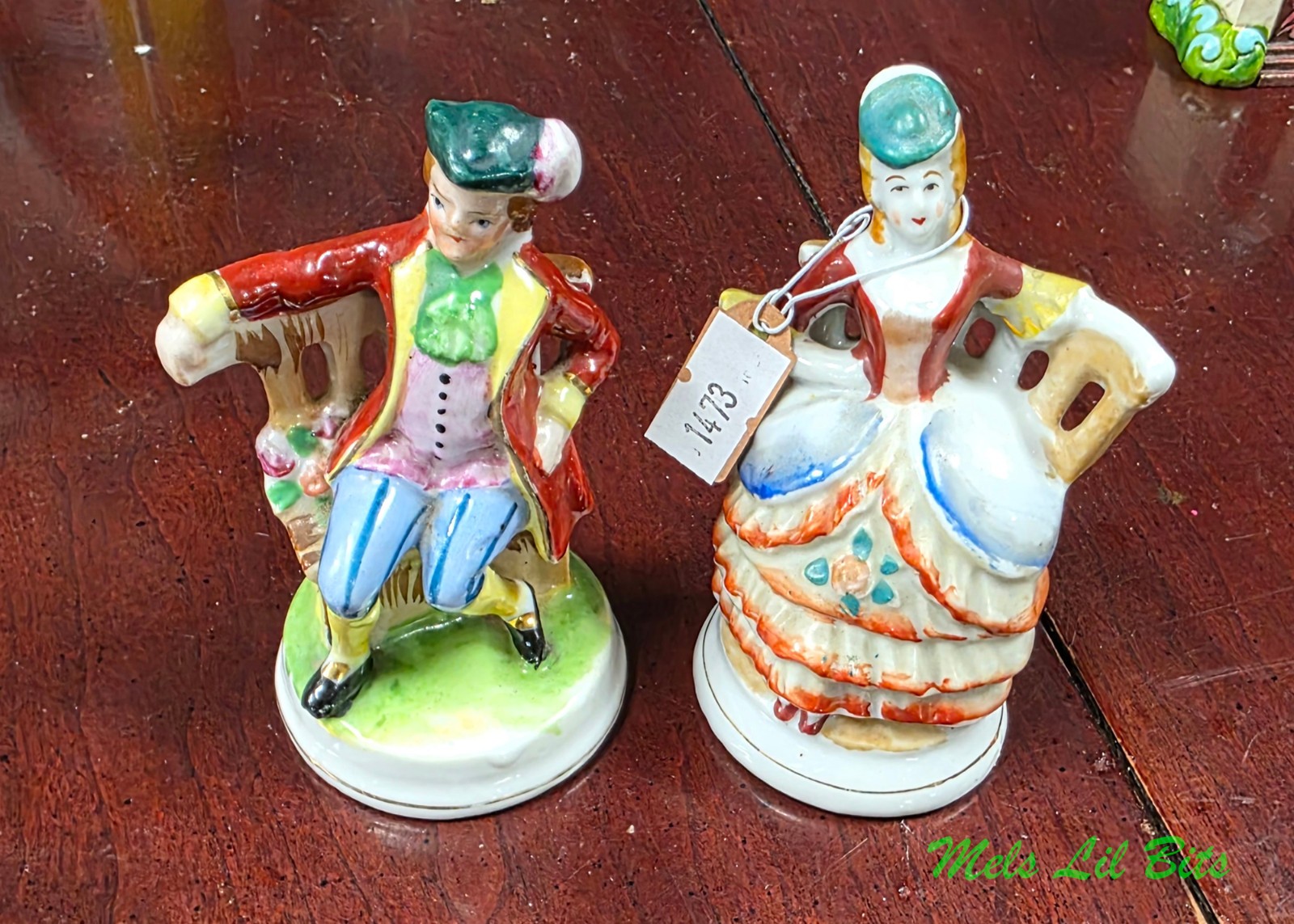 Vintage Pair Occupied Japan Porcelain Figurines - Seated Colonial Man & Woman