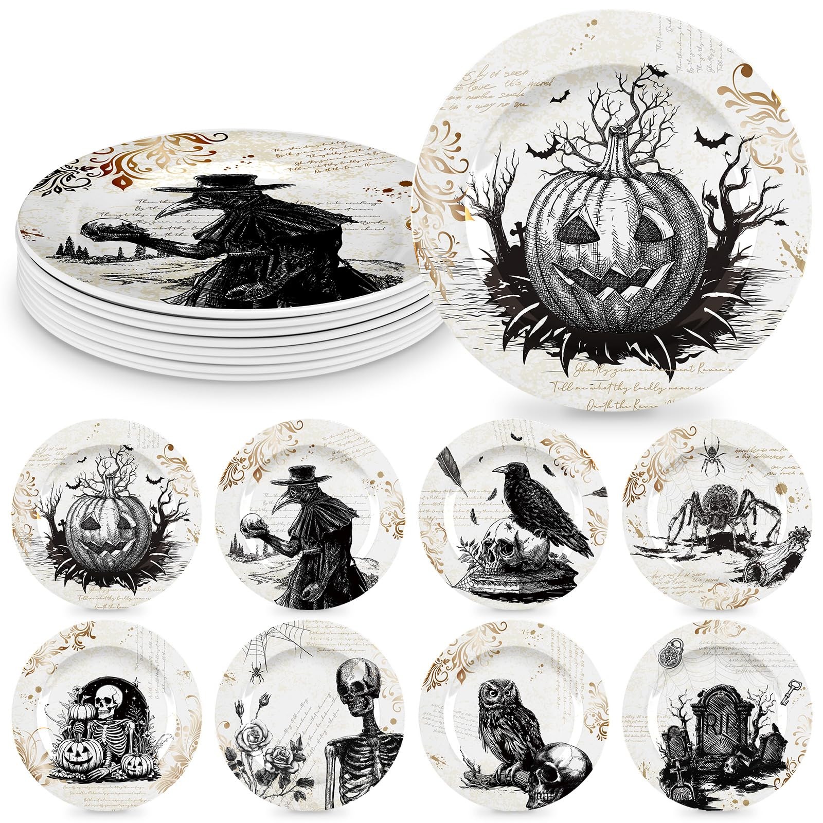 LOYIM 8 Pcs Halloween Dinnerware Set Halloween Plates Serving Dishes, Retro