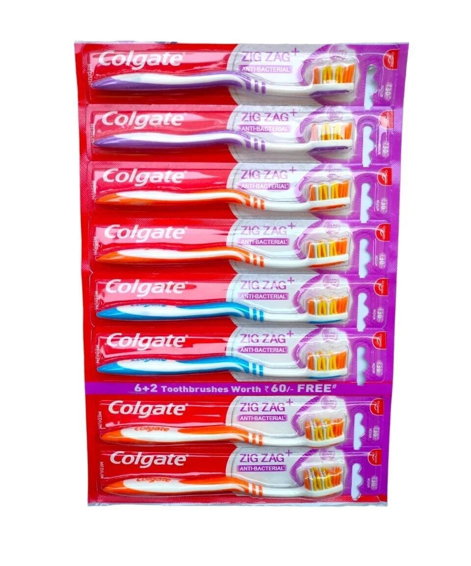 8 X Colgate ZigZag MediumToothbrush For Adults & Get Colgate Paste Free