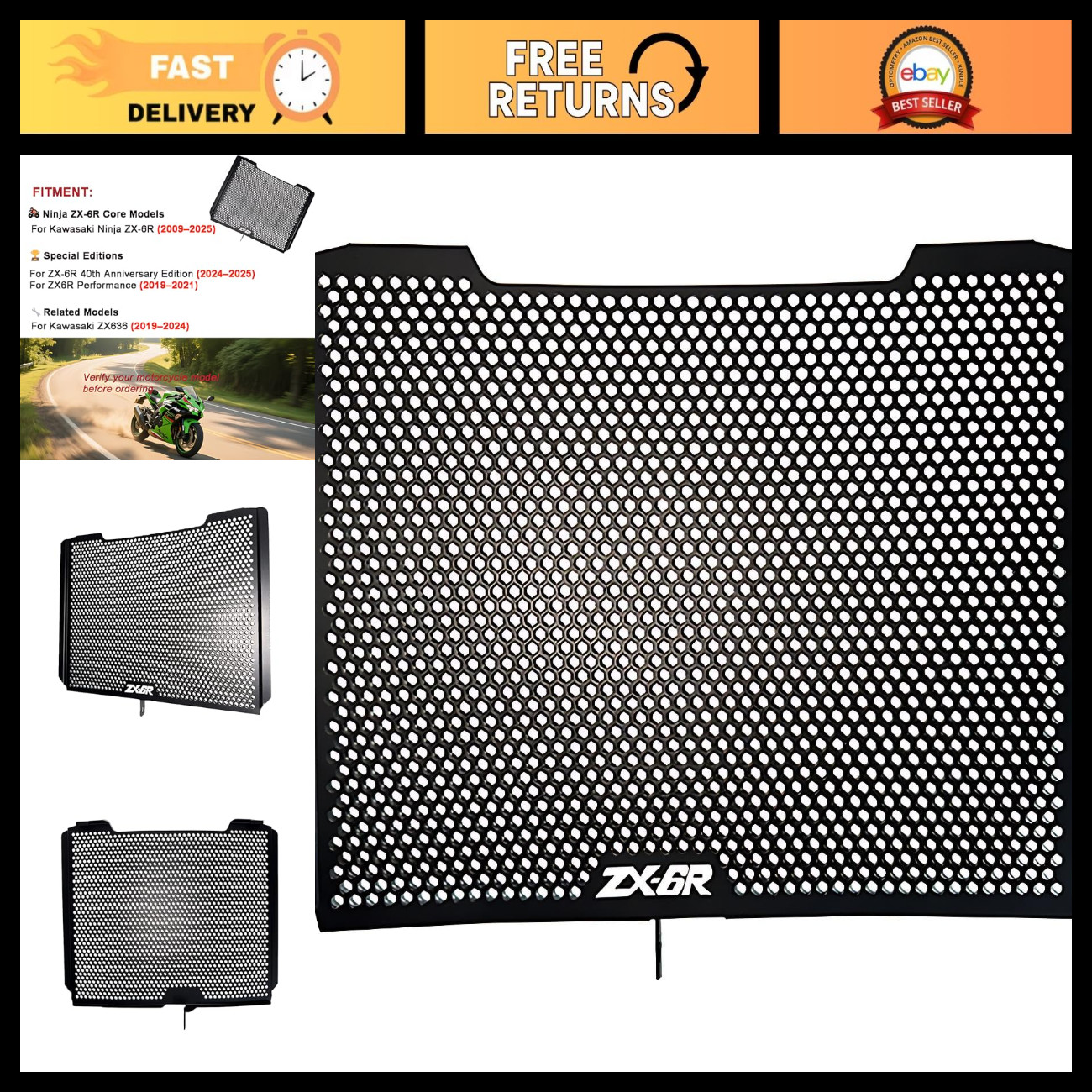 Motorcycle Radiator Guard for Kawasaki Ninja ZX-6R 2009-2025, CNC Aluminum Shiel