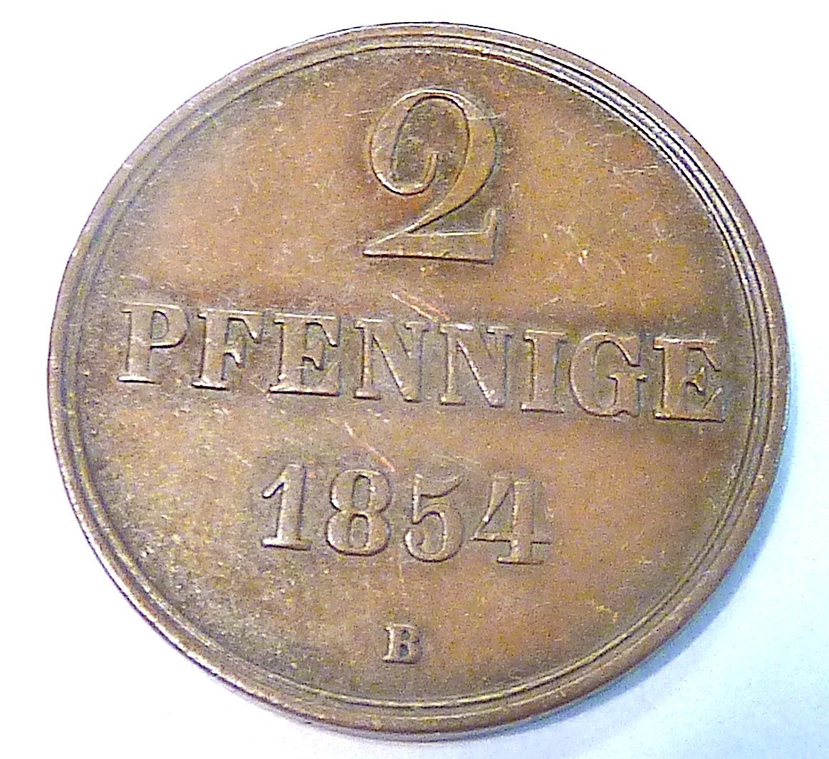 1854-B PFENNIG HANOVER GERMAN STATES VERY FINE COIN PFENNIGE 1854-B PFENNIG HANOVER GERMAN STATES VERY FINE COIN PFENNIGE