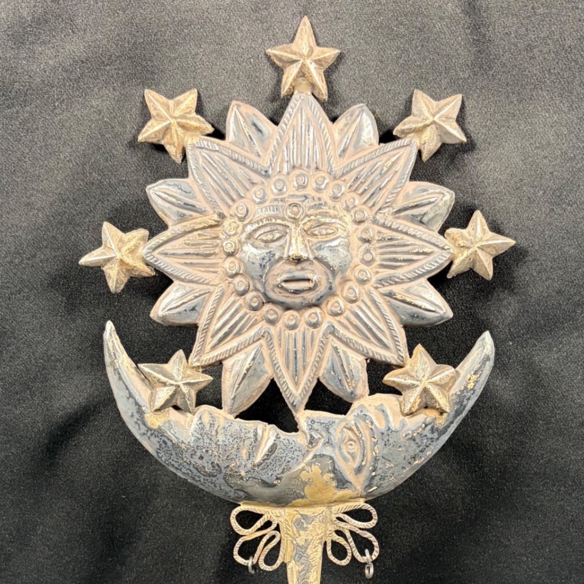 Antique 19th Century Andean Shawl Pin Silver Tone Celestial Sun Moon Stars