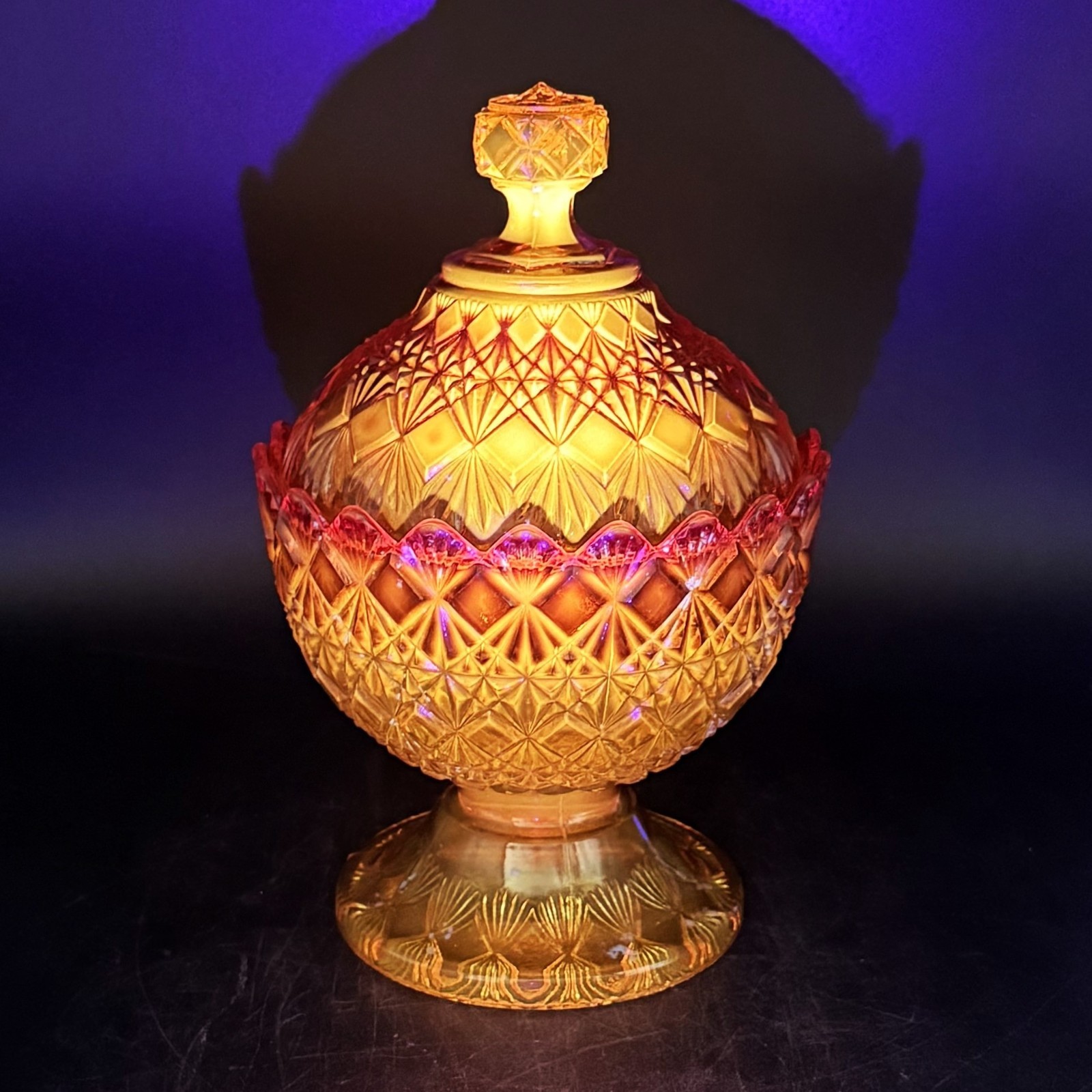 Vintage Fenton Glowing Amberina Glass Footed Candy Dish With Lid 8.5
