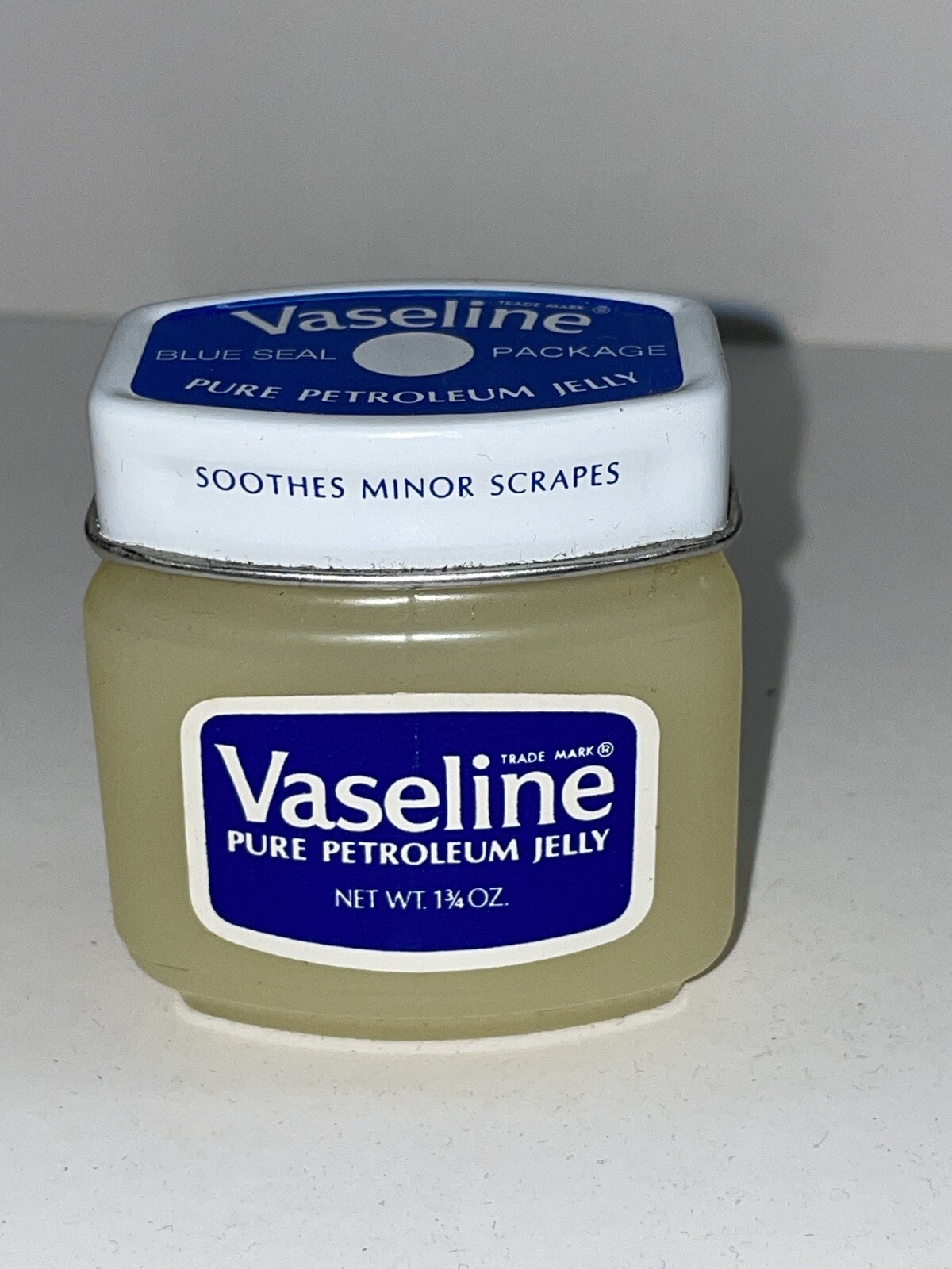 Vintage Vaseline Pure Petroleum Jelly Jar 1.75 oz. Blue Seal Metal Cap Full NOS Vintage Vaseline Pure Petroleum Jelly Jar 1.75 oz. Blue Seal Metal Cap Full NOS