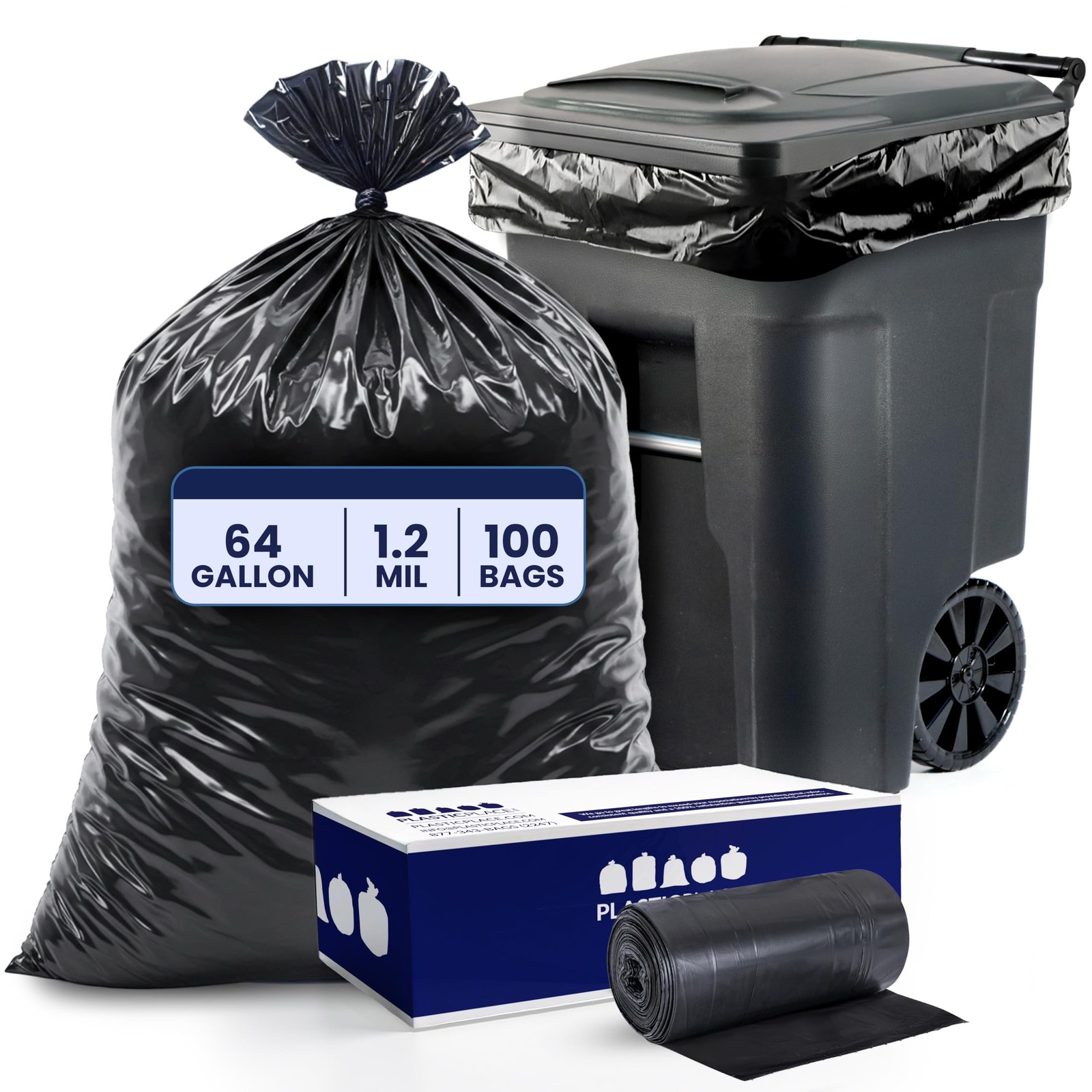 Plasticplace 64-65 Gallon Trash Can Liners For Toter 1.2 Mil Black Heavy Duty