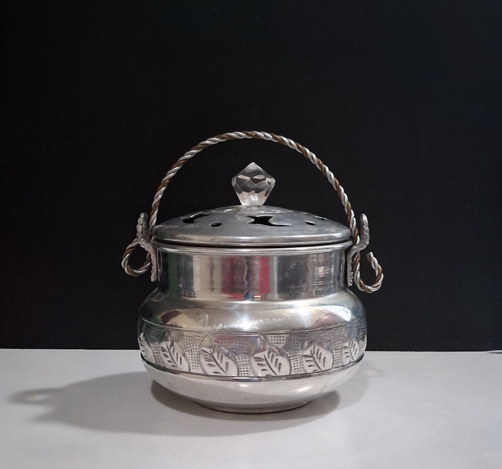 Vintage Aluminum Bowl Canister With Lid, Twisted Handle