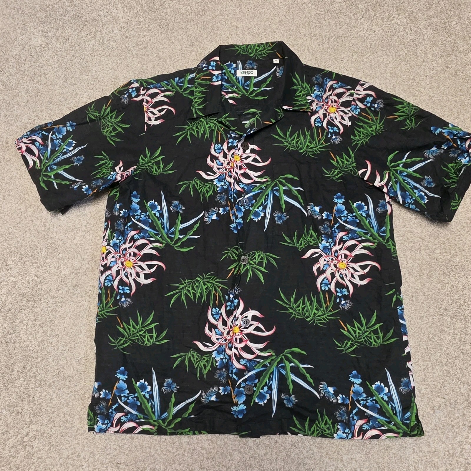 KENZO Paris Mens M Black Floral Hawaiian Camp Shirt Short Sleeve FA55CH5291LI
