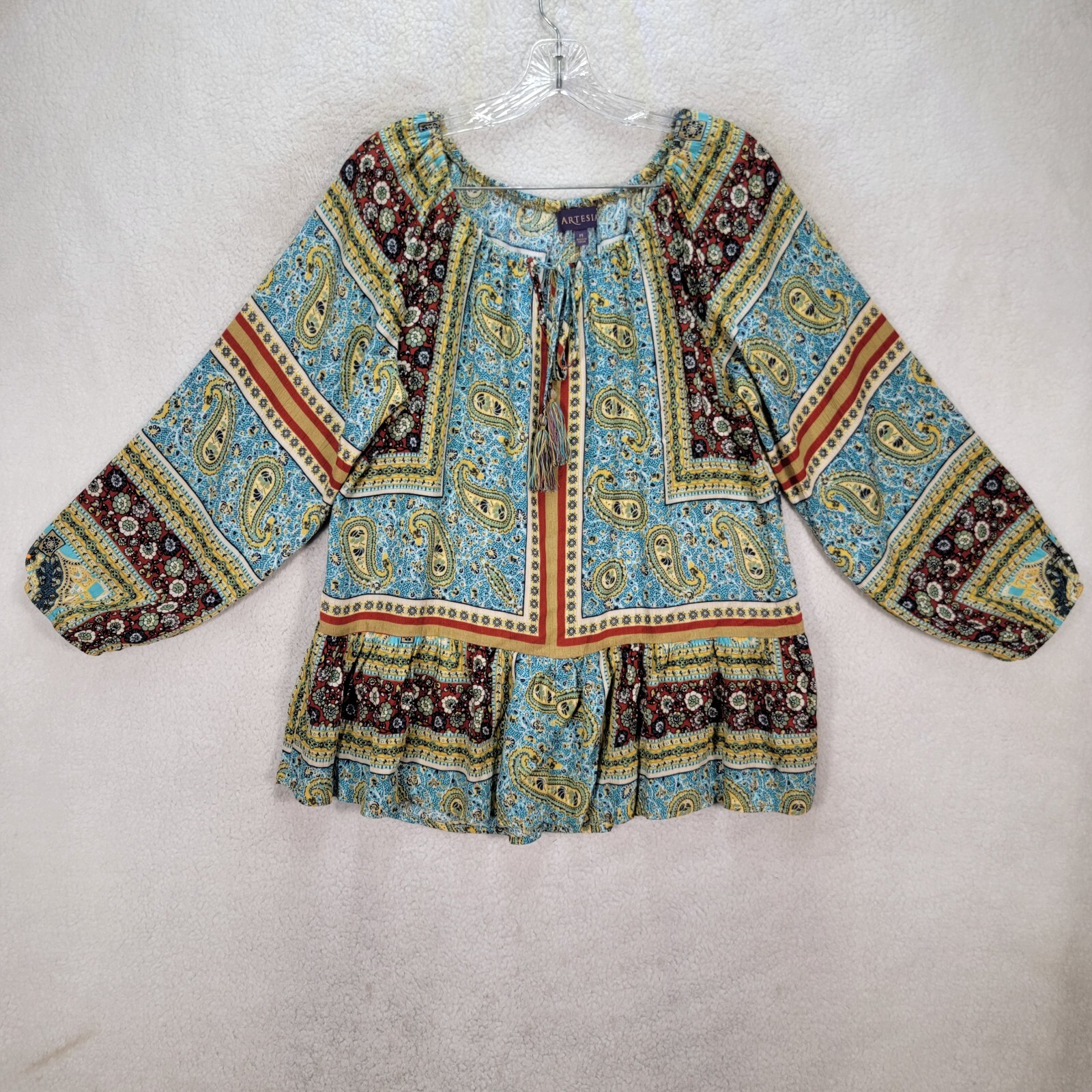 Artesia Womens Top Green Paisley Keyhole Neck Boho Flowy Tunic Blouse Size M
