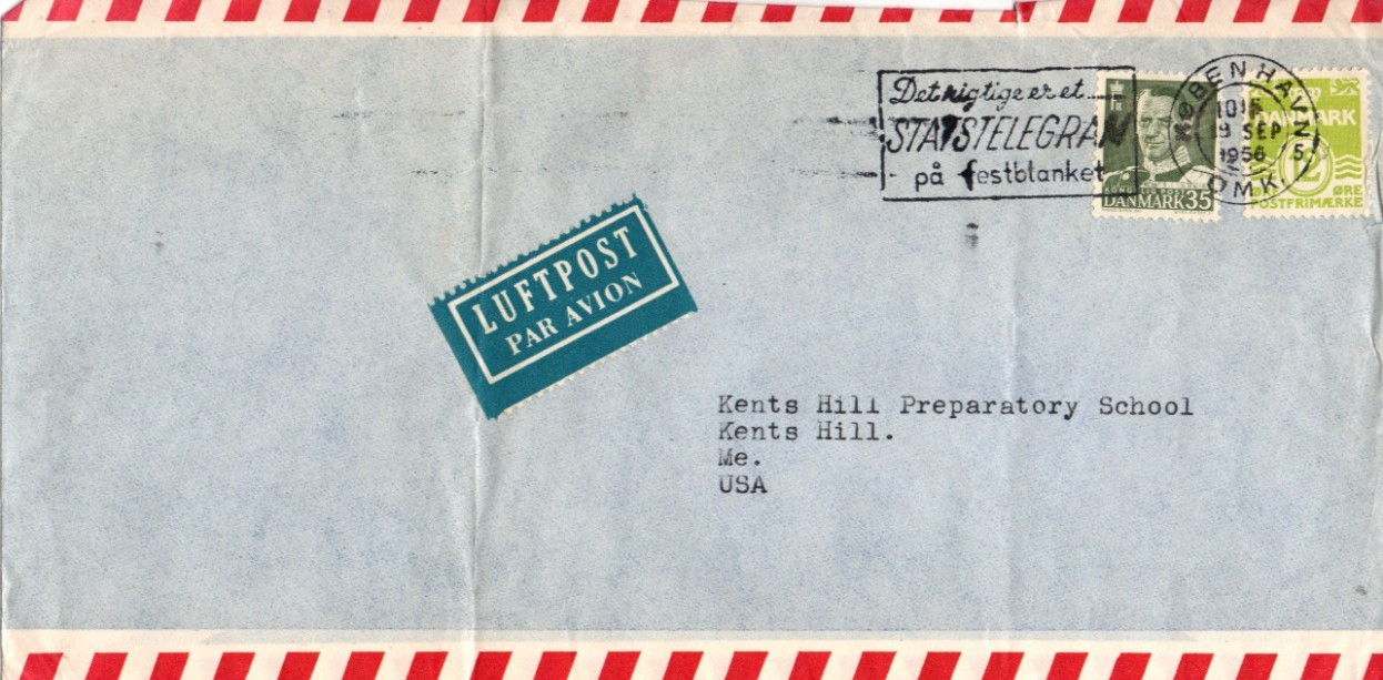 Danish Cover 2 Stamps Mailed From Kobenhaven To USA 9/18/1956