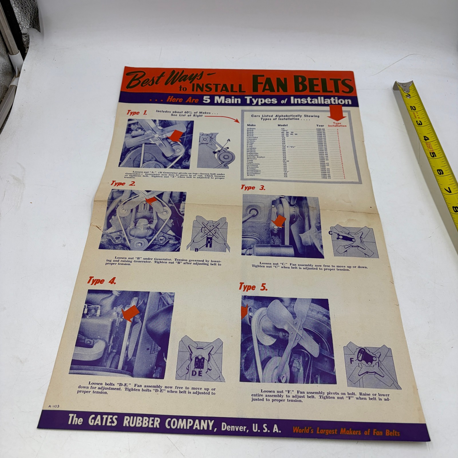 Vintage 1940s Gates Rubber Fan Belt Installation Auto Service Poster 12x18