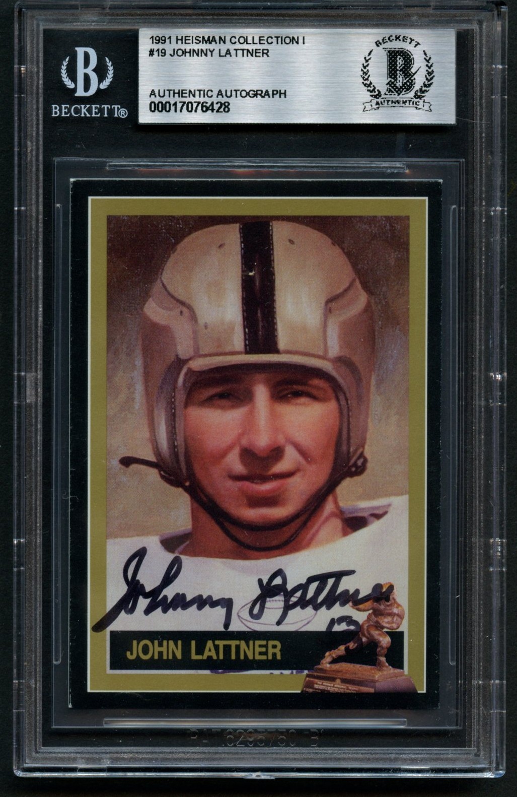 Johnny Lattner #19 signed autograph 1991 Heisman Collection I Card BAS Slabbed Johnny Lattner #19 signed autograph 1991 Heisman Collection I Card BAS Slabbed