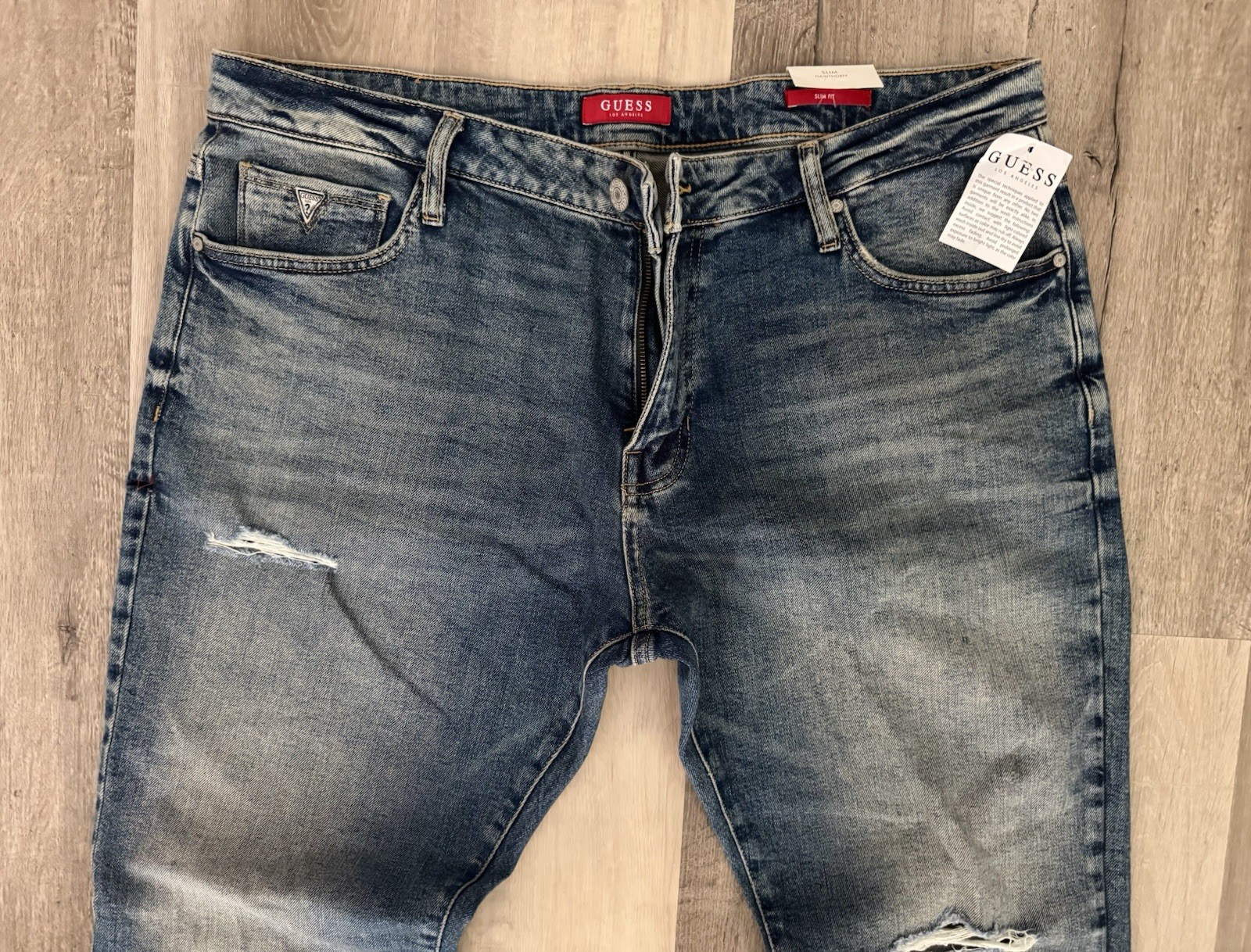 Guess Slim Fit Jeans Men\'s Size 36 X 32 Blue Destroy Distressed Wash Guess Jeans